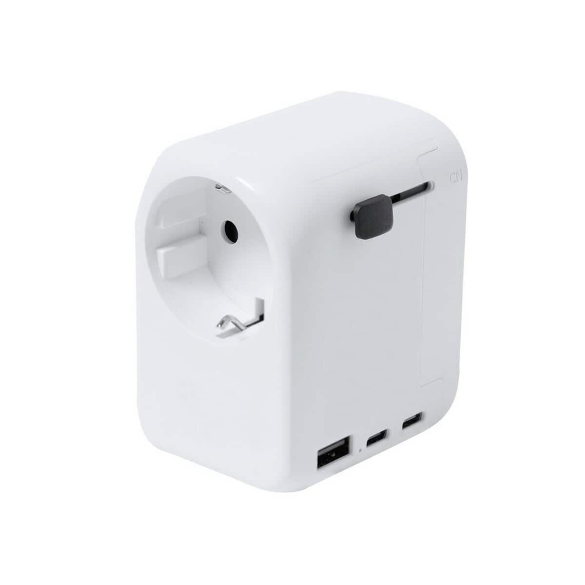 ładowarka do urządzeń elektronicznych z gniazdkiem, portami USB i powerbankiem, nowoczesny gadżet biurowy i podróżny.