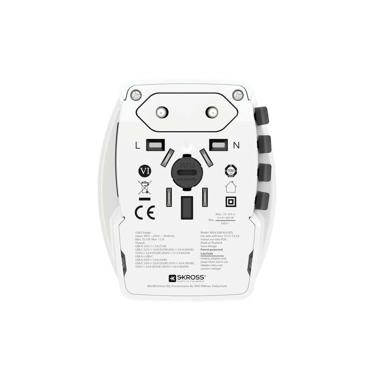 Adaptery podróżne z logo – adapter podróżny skross muv 65w VSK13-02_RB1.302976__B_4 ACCESORY do gniazdka elektrycznego, czarna i biała, nowoczesny design, bezpieczny, wysokiej jakości, na zamówienie.