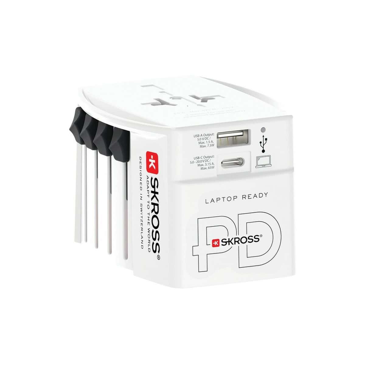 Adaptery podróżne z logo – adapter podróżny skross muv 65w VSK13-02_RB1.302976__S_0 Uniwersalny ładowarka USB z gniazdem, portami typu USB i zasilaczem do laptopa.