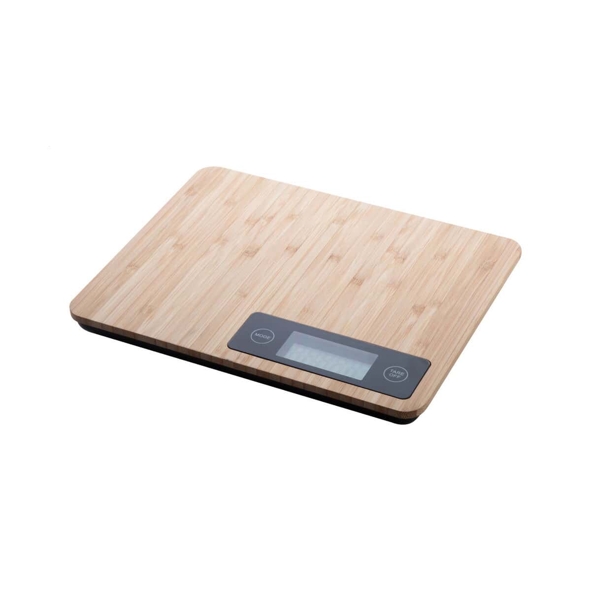 Waga kuchenna z podświetlanym wyświetlaczem i funkcją tarowania, wykonana z drewna bambusowego.