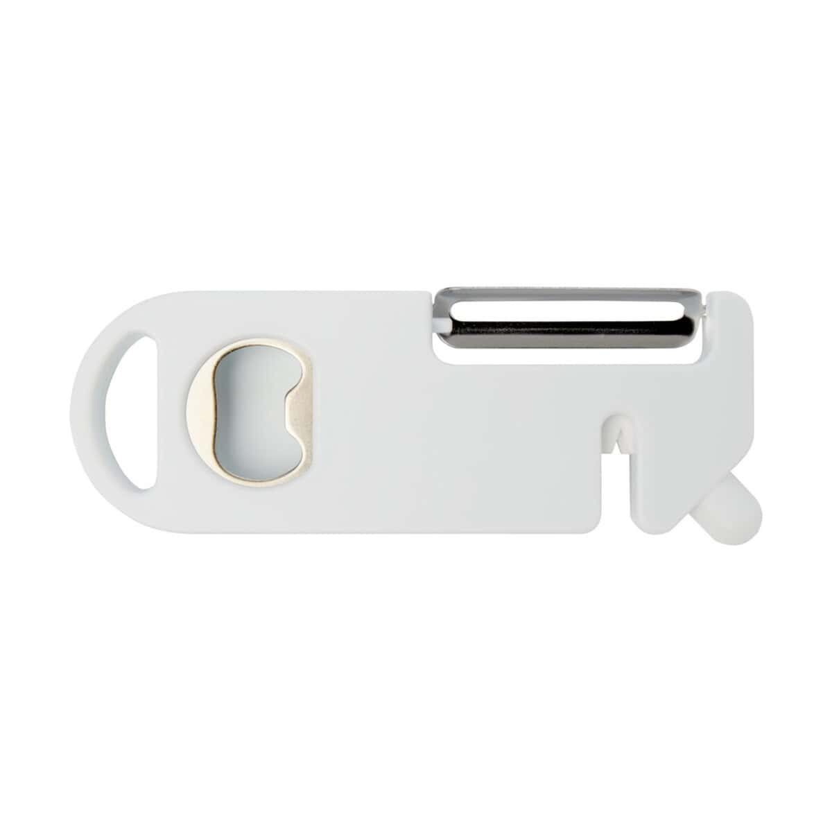 Akcesoria do kuchni z logo – kipper wielofunkcyjne narzędzie kuchenne 12636801_b1 Korek do butelki z otwieraczem, biały i metalowy, praktyczny gadżet reklamowy.