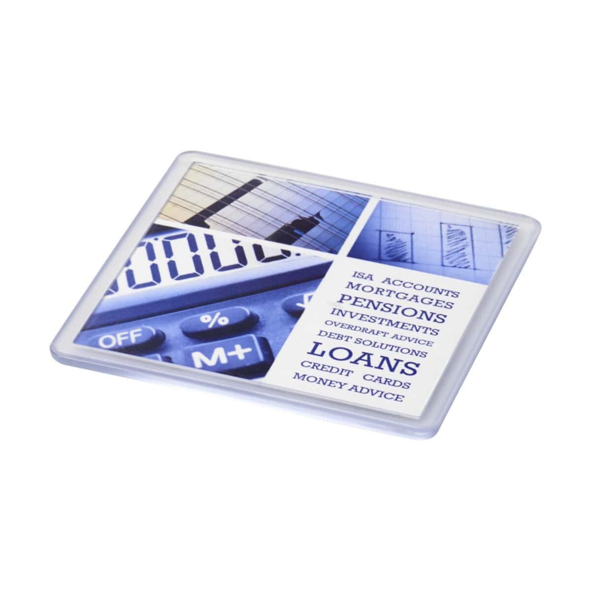 Plik z nadrukiem na gadżety związane z finansami i bankowością, w tym kalkulator i słowa kluczowe "pożyczki, kredyty".