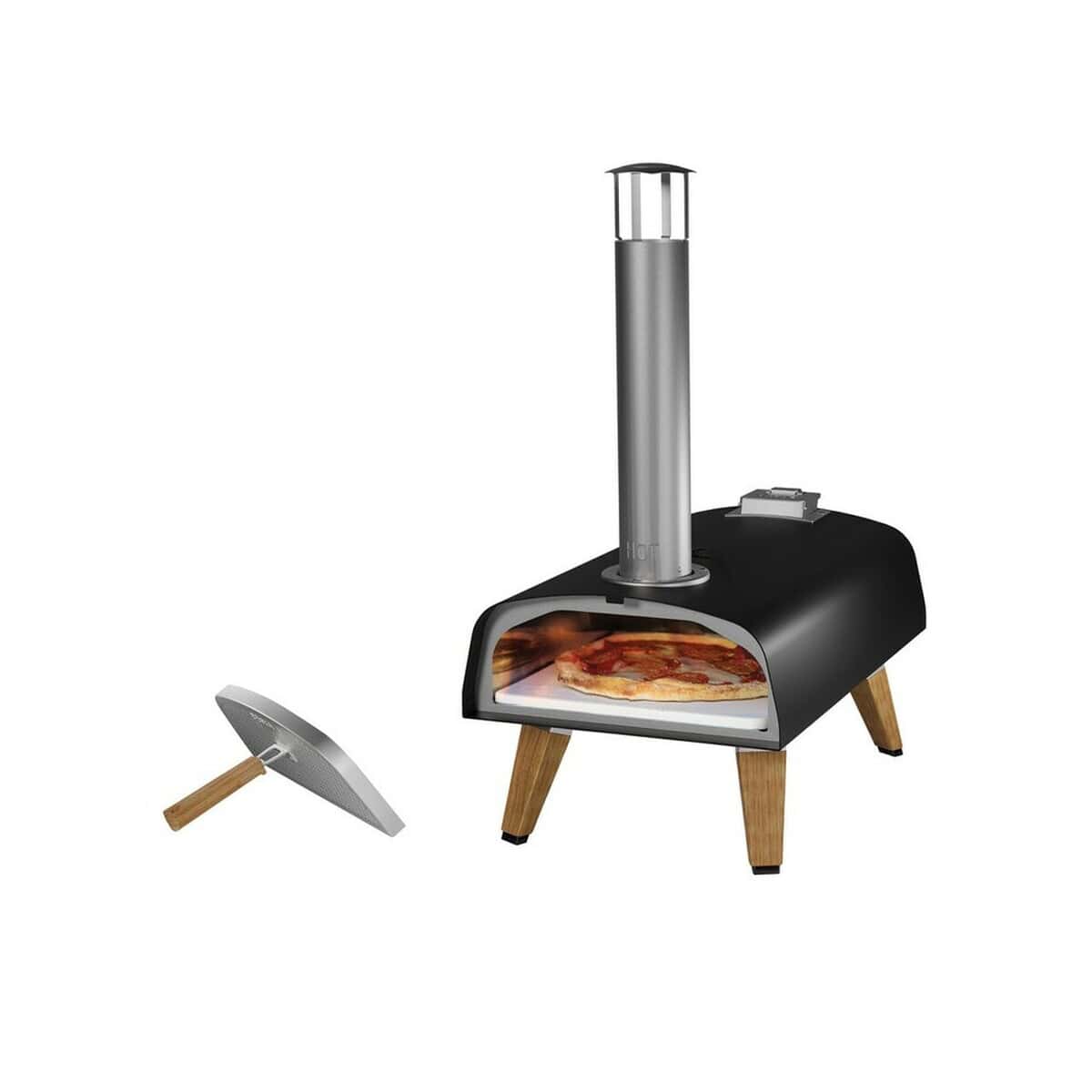 Akcesoria do kuchni z logo – piec do pizzy boska pro VSB14-03_RB320503__B_1 Rustic pizza oven na drewno z metalową rurą i kamieniem do pizzy.