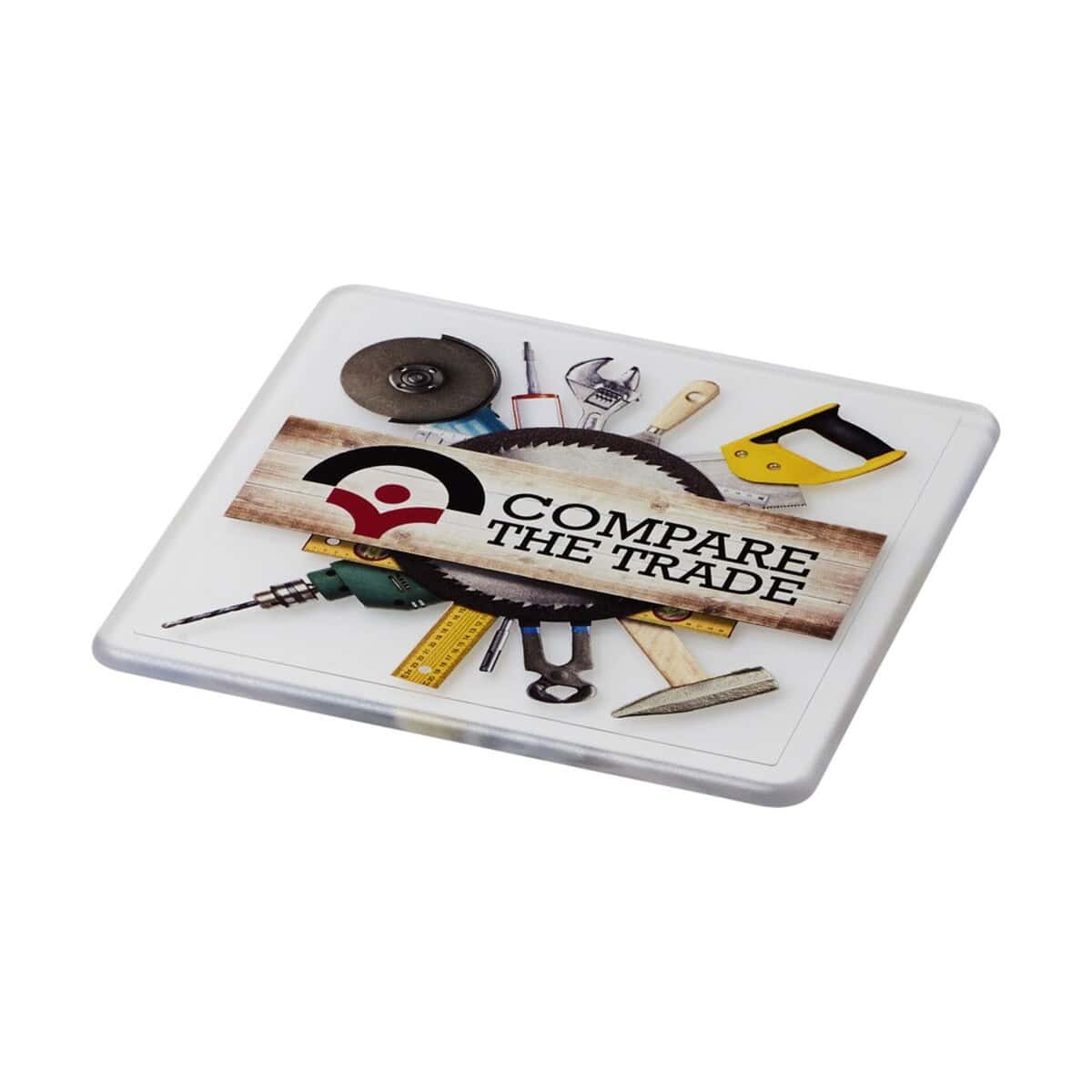 Rozety z narzędziami i hasłem "Compare the Trade" na gadżetach reklamowych.