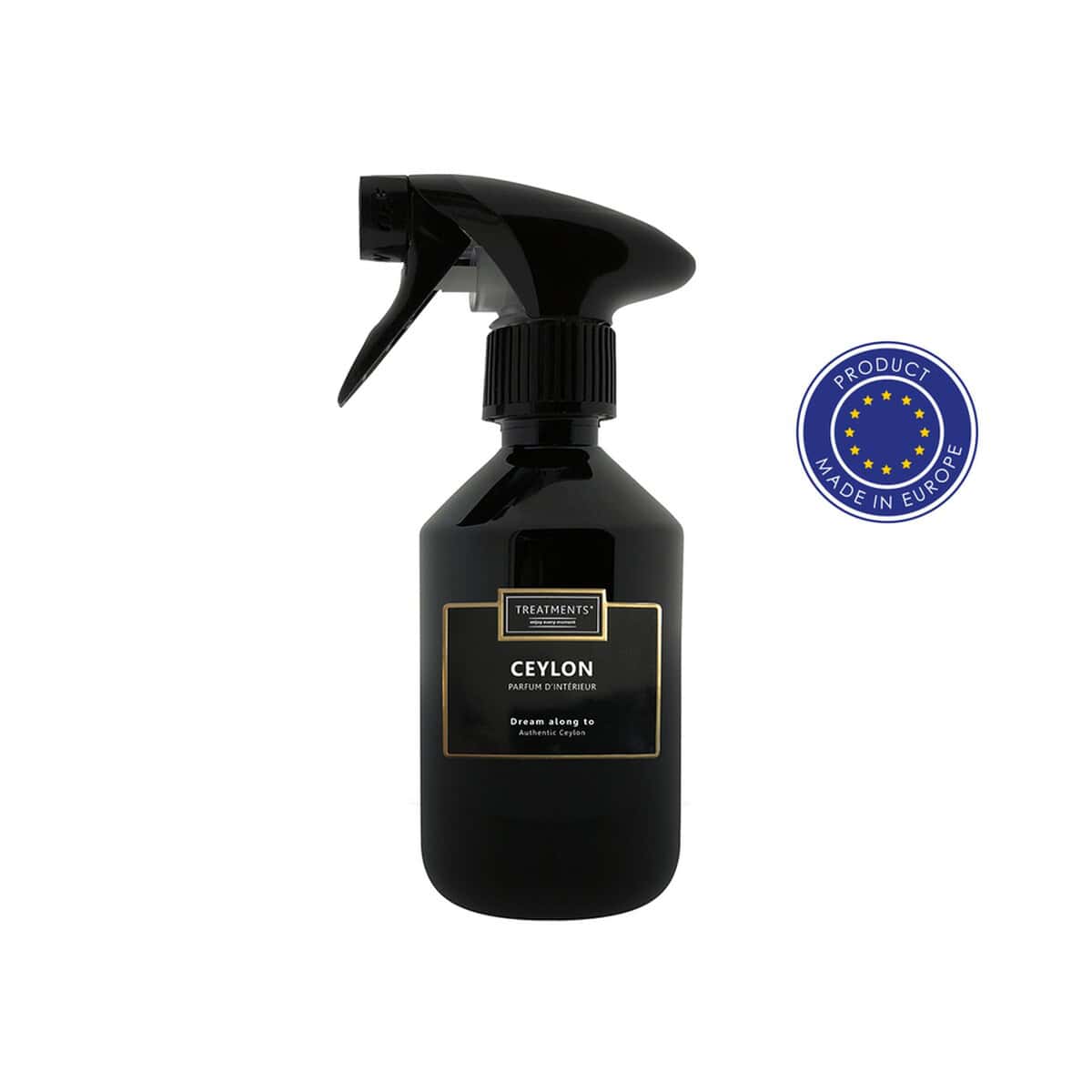 Czarny spray do wnętrz z etykietą Ceylon, idealny do odświeżania powietrza i aromaterapii.