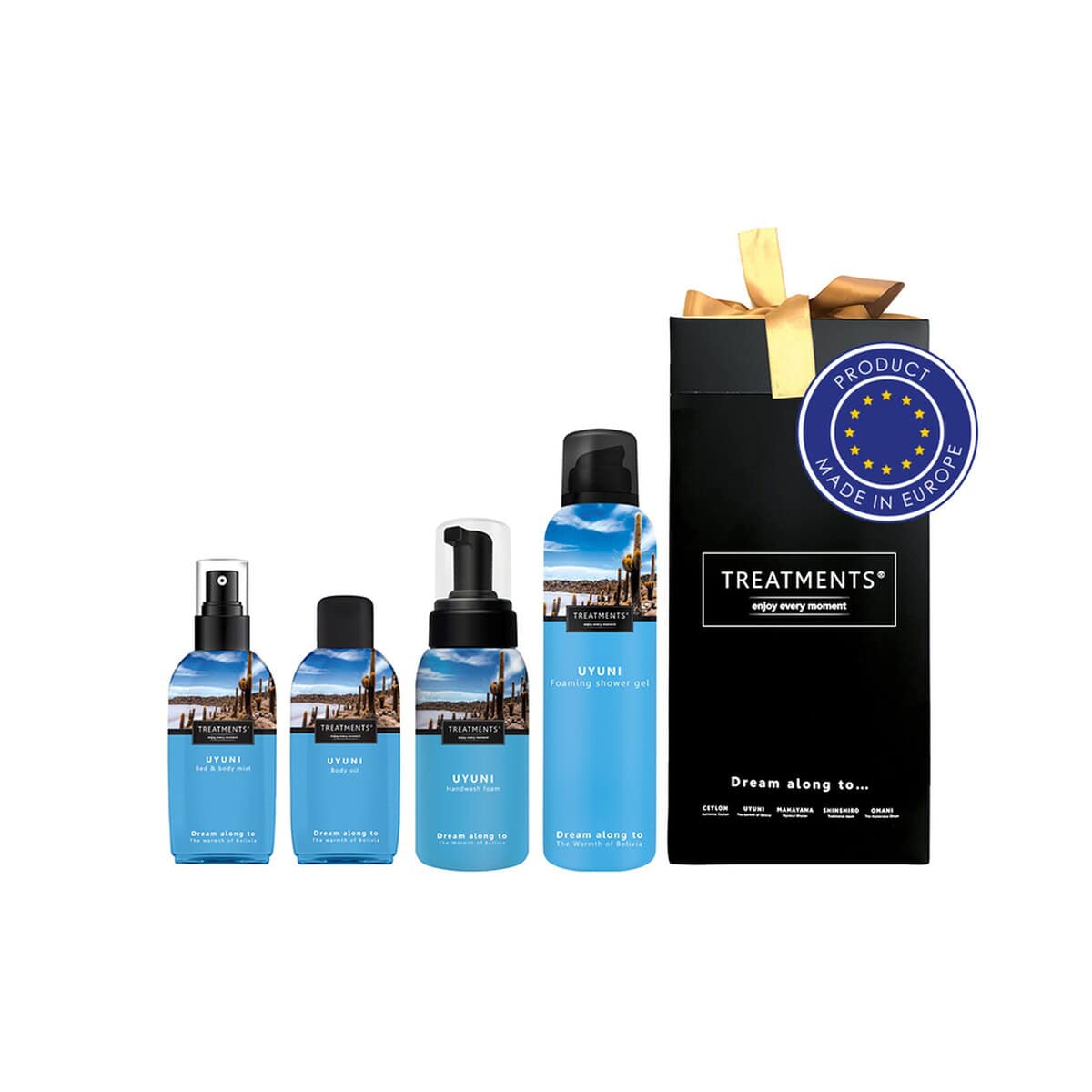 Akcesoria do łazienki z logo – zestaw kosmetyków medium treatments VTR04-11_AAA00 Butelki z etykietami z motywem plaży i nieba, narzędzia do pielęgnacji ciała i rąk z zestawu prezentowego.