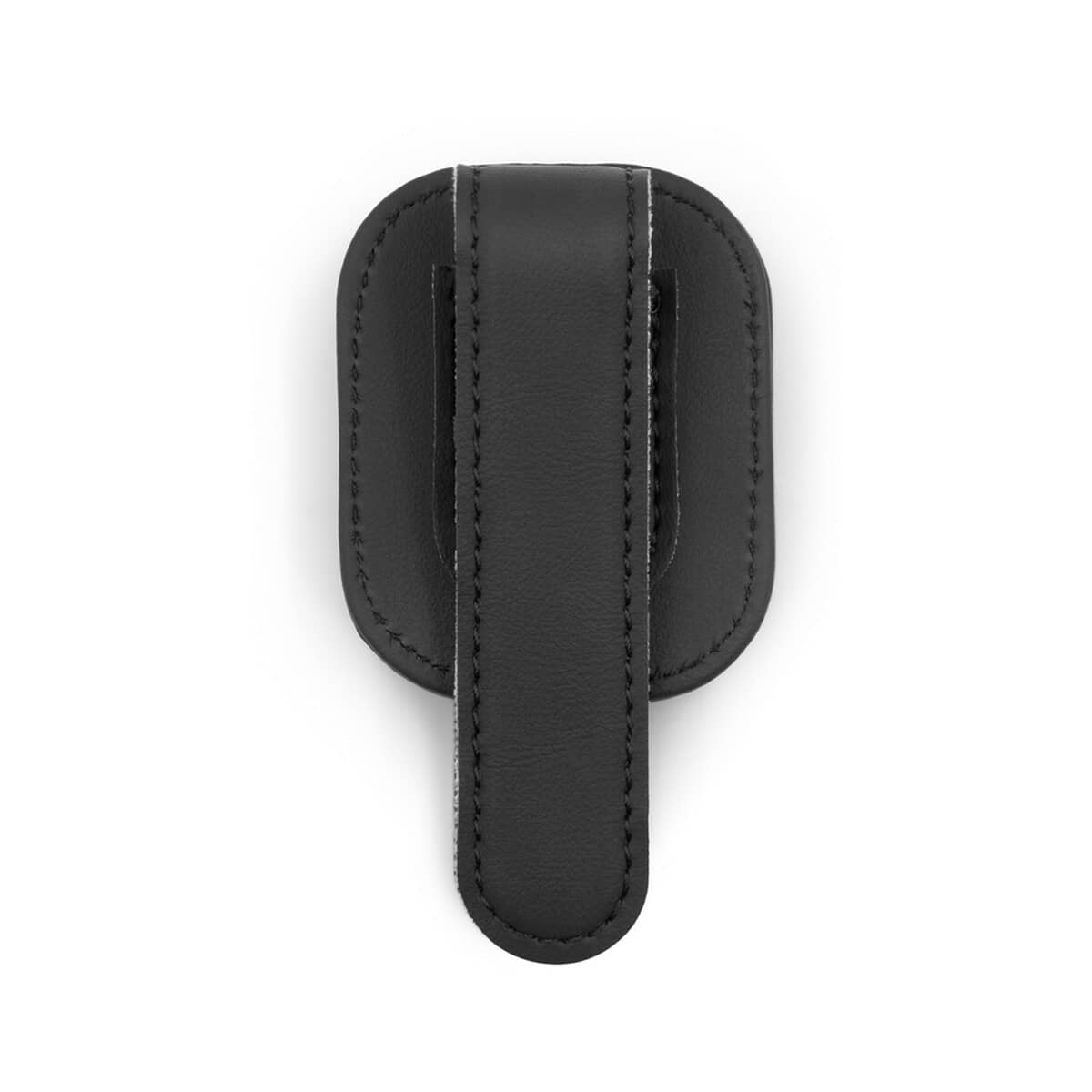 Akcesoria samochodowe z logo – klips na okulary exclusive collection | nalo VA119-03_IBK01 Stylowe etui na słuchawki z czarnej skóry z ozdobnymi przeszyciami.