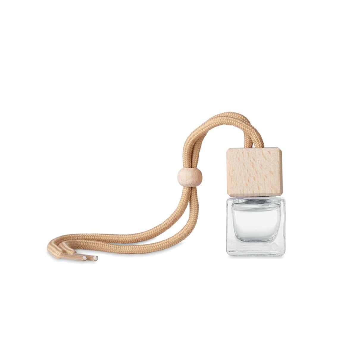 Akcesoria samochodowe z logo – odświeżacz do samochodu fresh air mo6206-40-side Butelka perfume z drewnianą nakrętką i beżową zawieszką na sznurku, prestiżowe gadżety reklamowe.