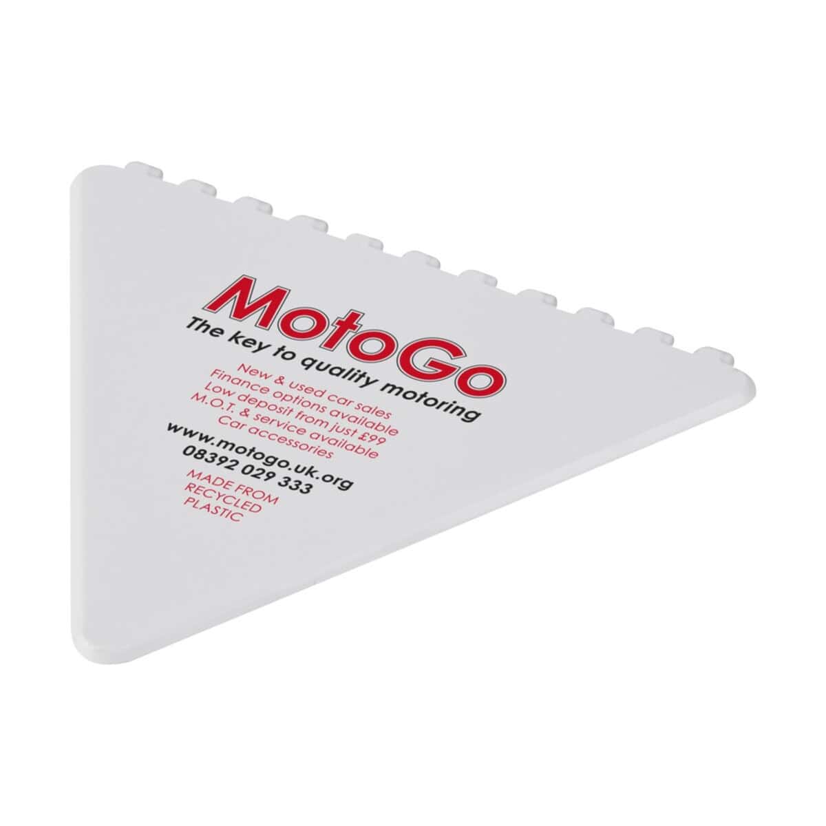 Akcesoria samochodowe z logo – trójkątna skrobaczka do szyb frosty 10425201_pp_y1 MotoGo gadżet promocyjny z nadrukiem logo i danymi kontaktowymi firmy motoryzacyjnej. Idealny na upominek i promocję marki.