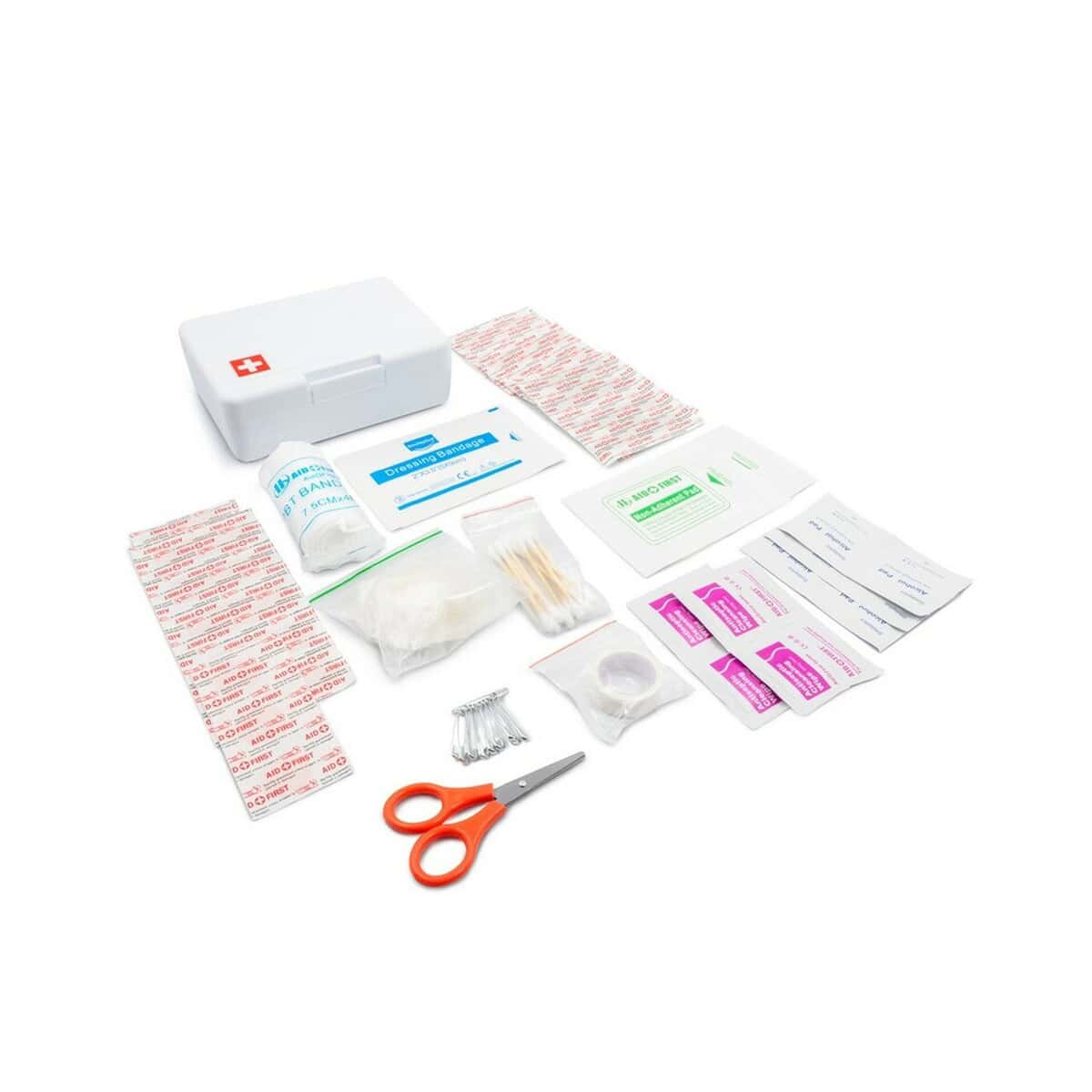 Apteczki z logo – apteczka w plastikowym opakowaniu, 64 el. | ramona V7249-02_INS02 Przenośny zestaw pierwszej pomocy, apteczka, bandaże, nożyczki, opatrunki, środki dezynfekujące.