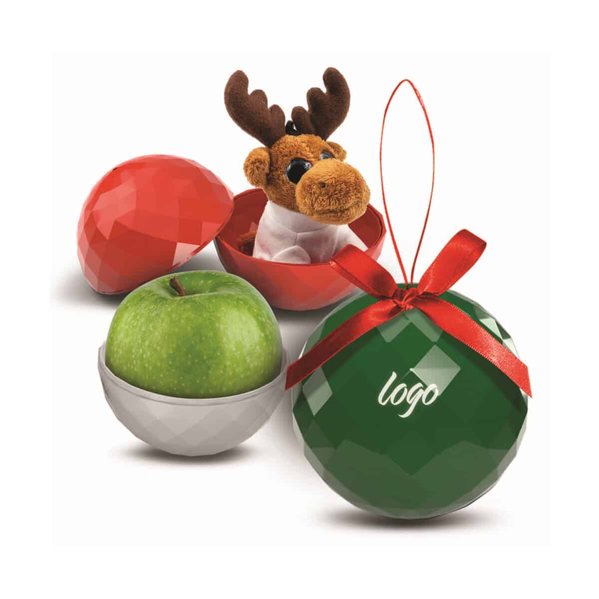 Artykuły do domu z logo – kula upominkowa, pojemnik na upominki reklamowe | indome V0901_1 Sztuczna maskotka renifera w opakowaniu na prezent z logo, modna gadżet świąteczny.