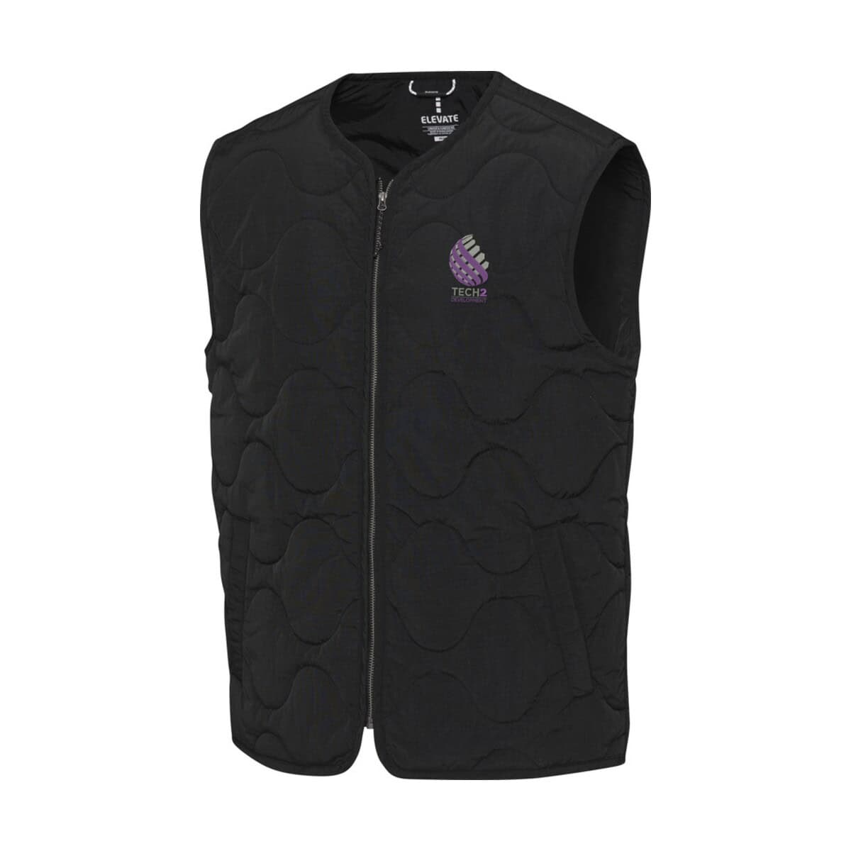 Bezrękawniki z logo – quartz pikowany bezrękawnik typu unisex z recyklingu z certyfikatem grs 3947790_eb_y1 Czarawa kamizelka z nadrukiem logo technologii Tech 2, idealna na aktywność na zewnątrz.