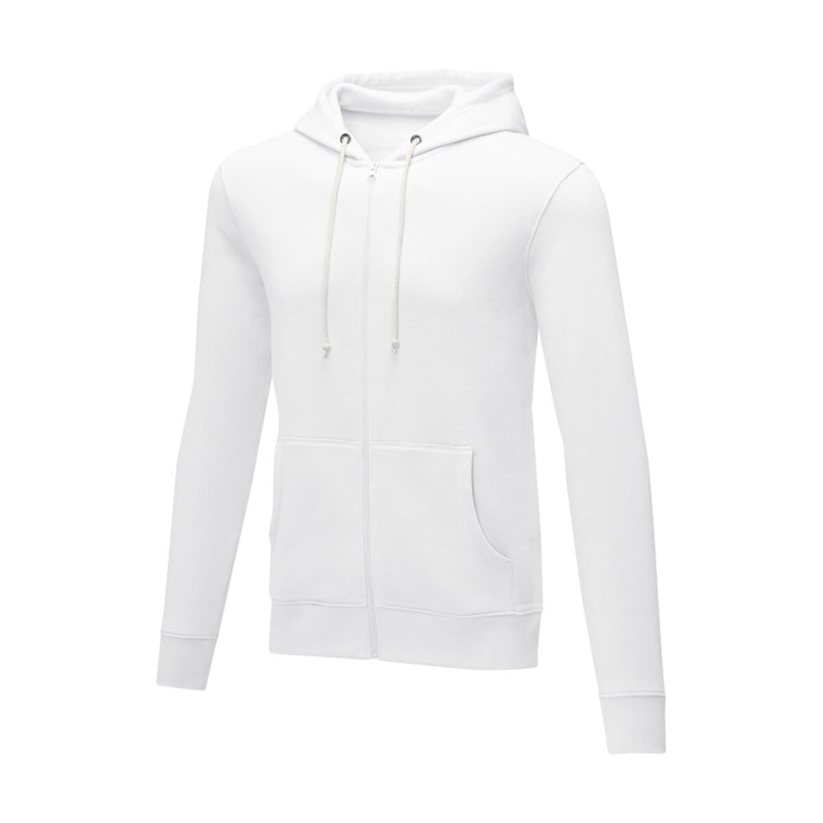 Biała bluza z kapturem na zamek, odzież sportowa, personalizowane gadżety reklamowe.