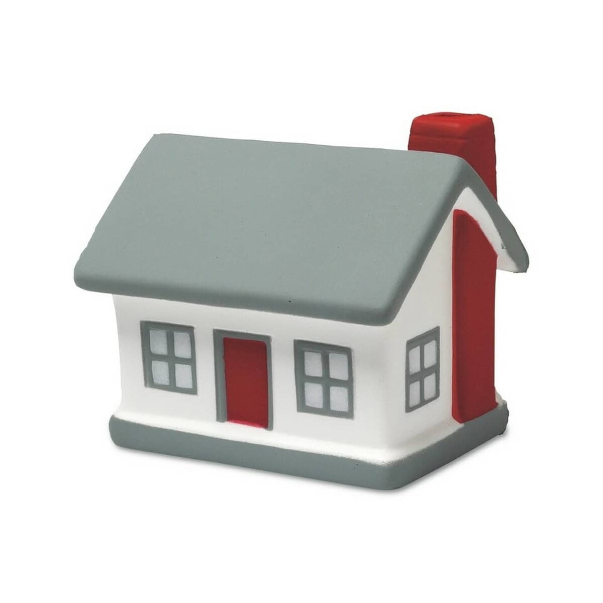 1. Ceramiczna miniatura domu z czerwonym kominem i szarym dachem.