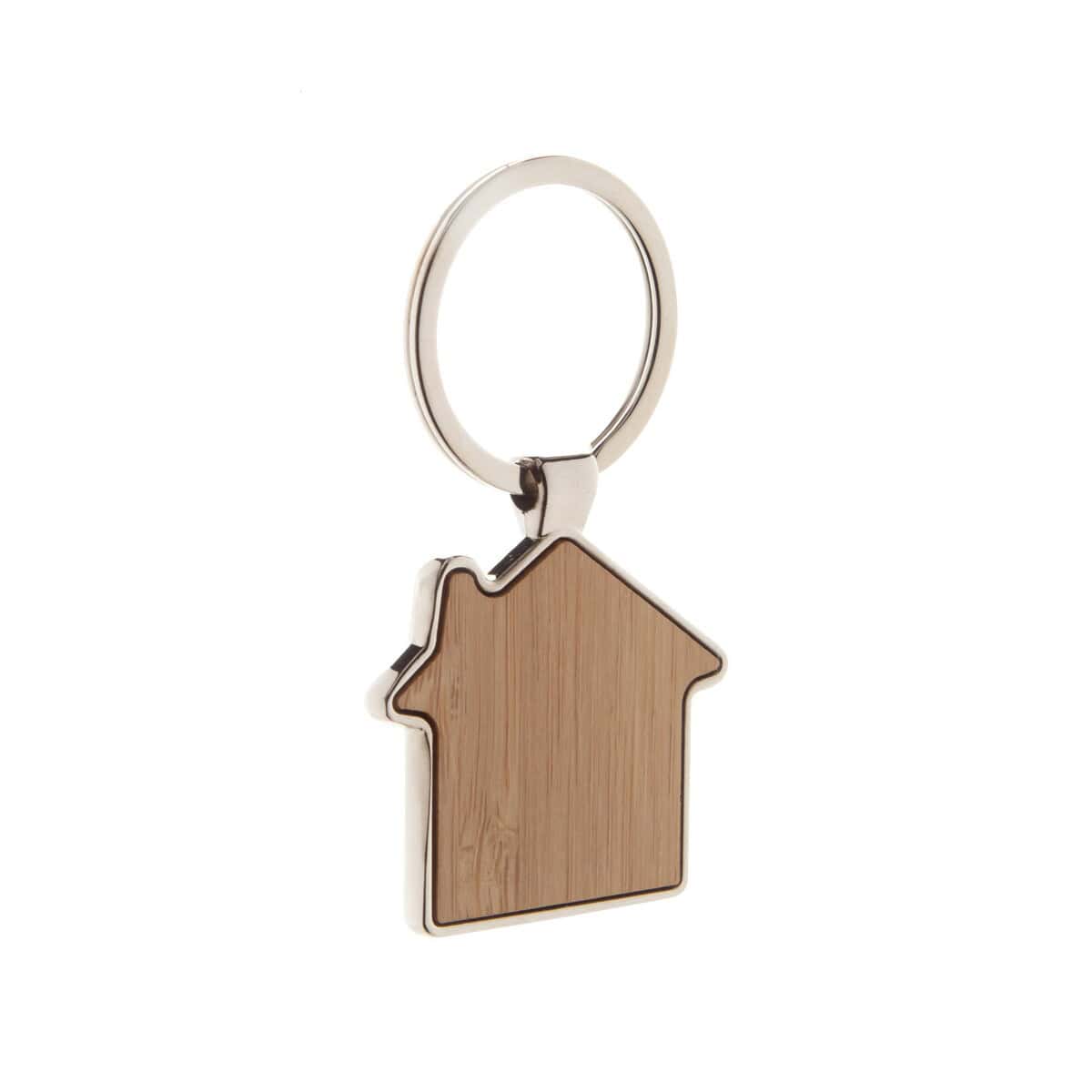 Breloki odblaskowe z logo – horby brelok AP806983 Metalowy brelok z drewnianym motywem domu, gadżety reklamowe, personalizowane upominki.
