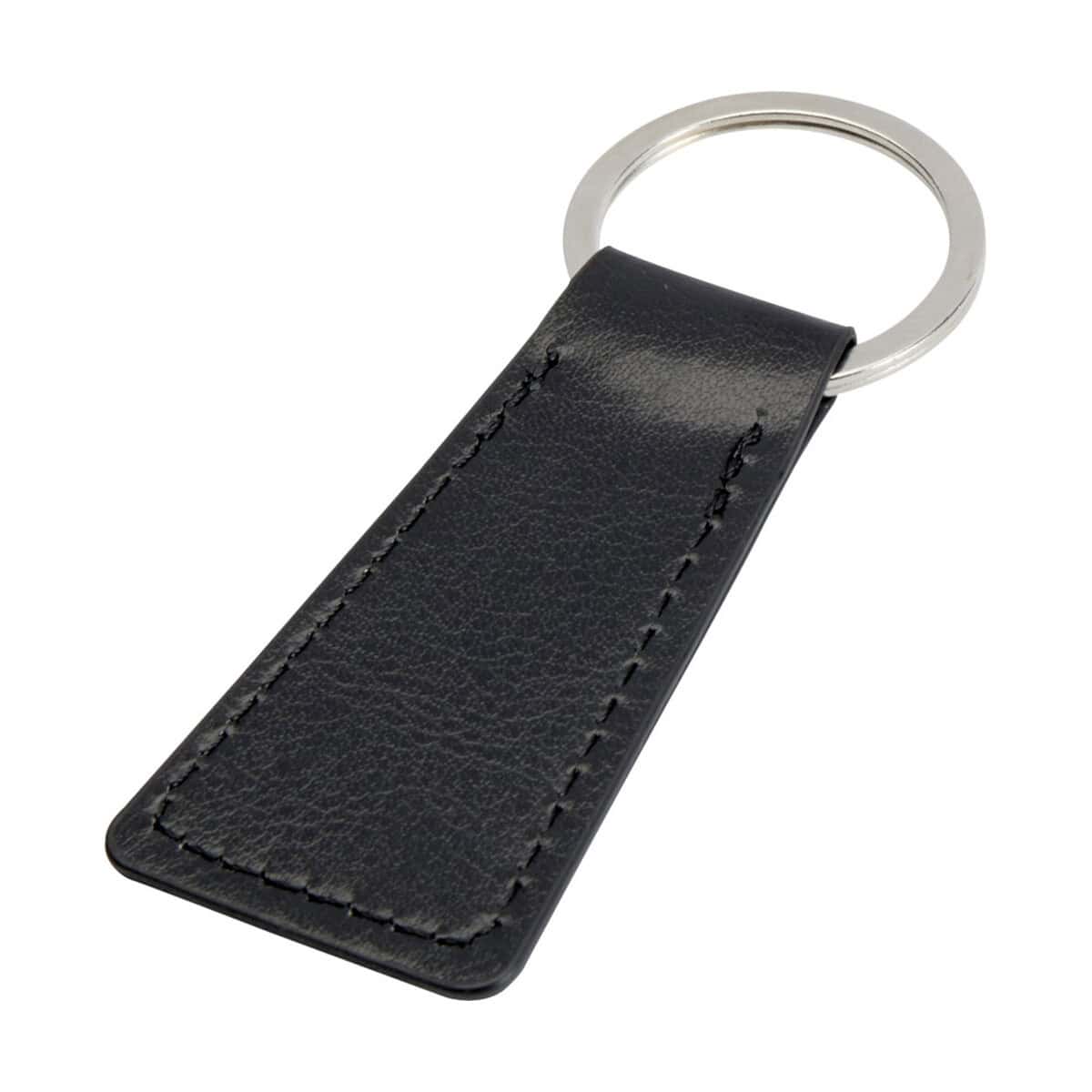 Breloki odblaskowe z logo – puky brelok z tworzyw sztucznych pochodzących z recyklingu 12634190 Listwa do kluczy z czarnej skóry z metalowym kółkiem, elegancki gadżet reklamowy i personalizowany upominek.