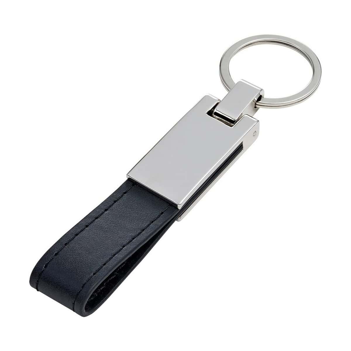Breloki otwieracze z logo – brelok do kluczy z zawieszką V0636-03_AAA02 1. Kieszonkowy brelok z metalowym akcentem i czarną skórzaną wstawką, idealny na gadżety reklamowe.