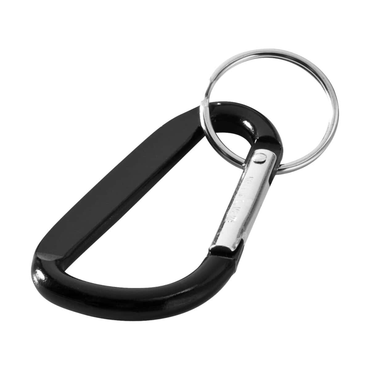 Czarno-srebrny brelok do kluczy w kształcie karabińczyka. Idealny gadżet reklamowy i personalizowany upominek.