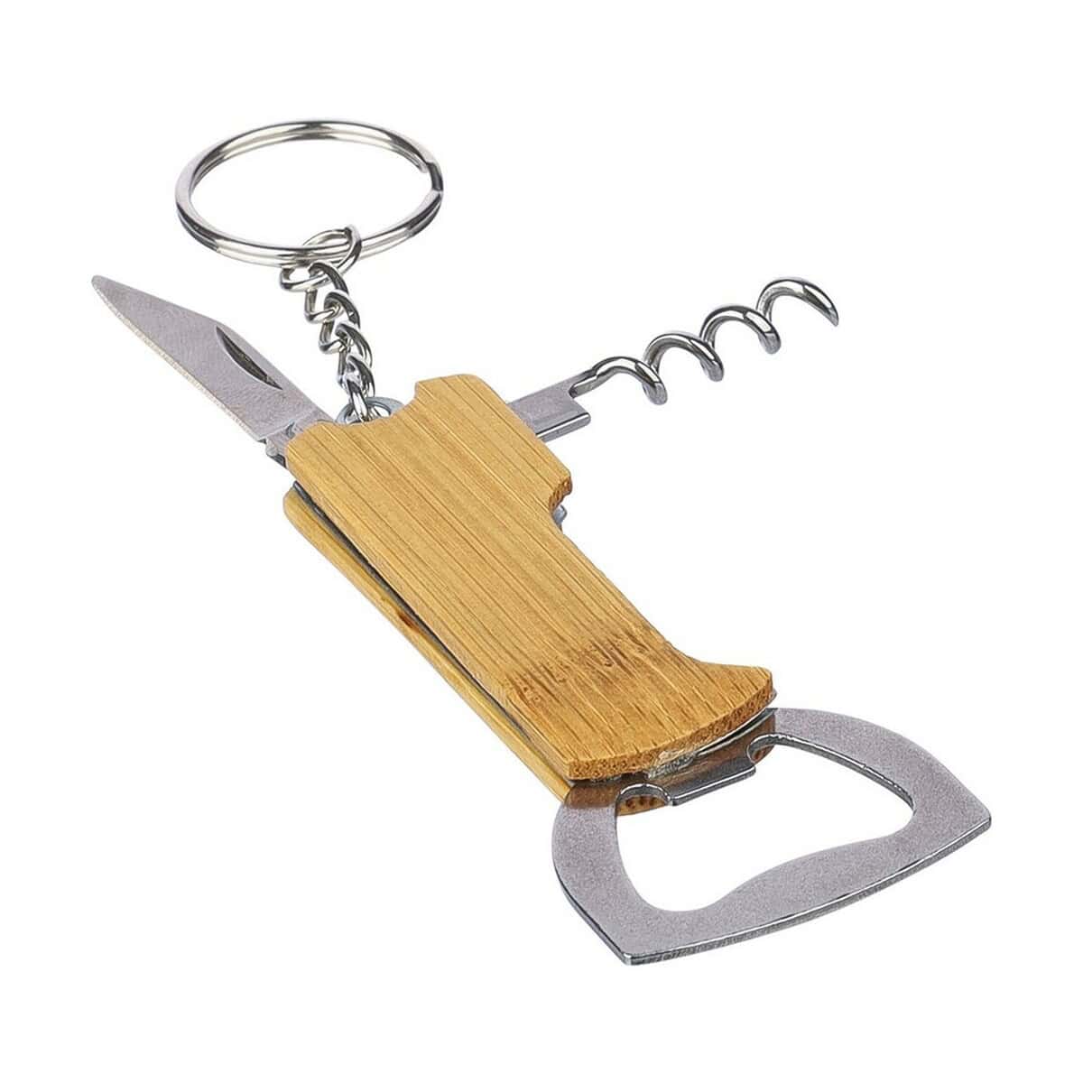 Skarbonka wielofunkcyjny z drewnianym uchwytem, otwieracz, korkociąg, nóż i śrubokręt. Idealny gadżet na prezent i codzienne użytkowanie.