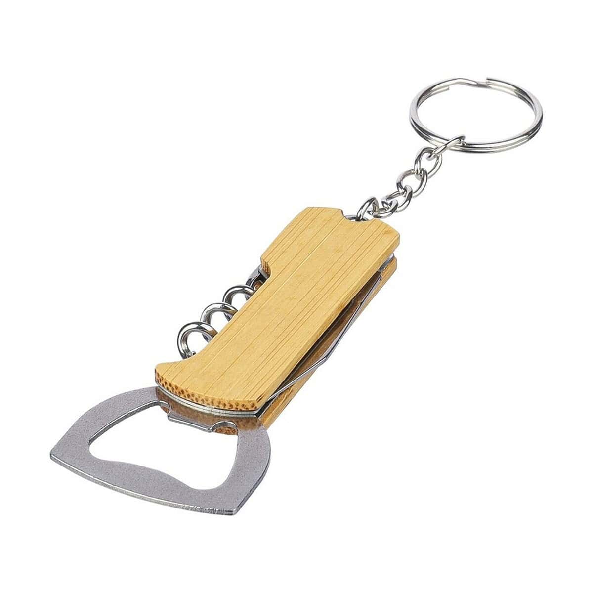 Breloki wielofunkcyjne z logo – bambusowy brelok do kluczy 3 w 1 VA418-16_AAA02 Metalowy brelok z otwieraczem w kształcie butelki, idealny na upominek.