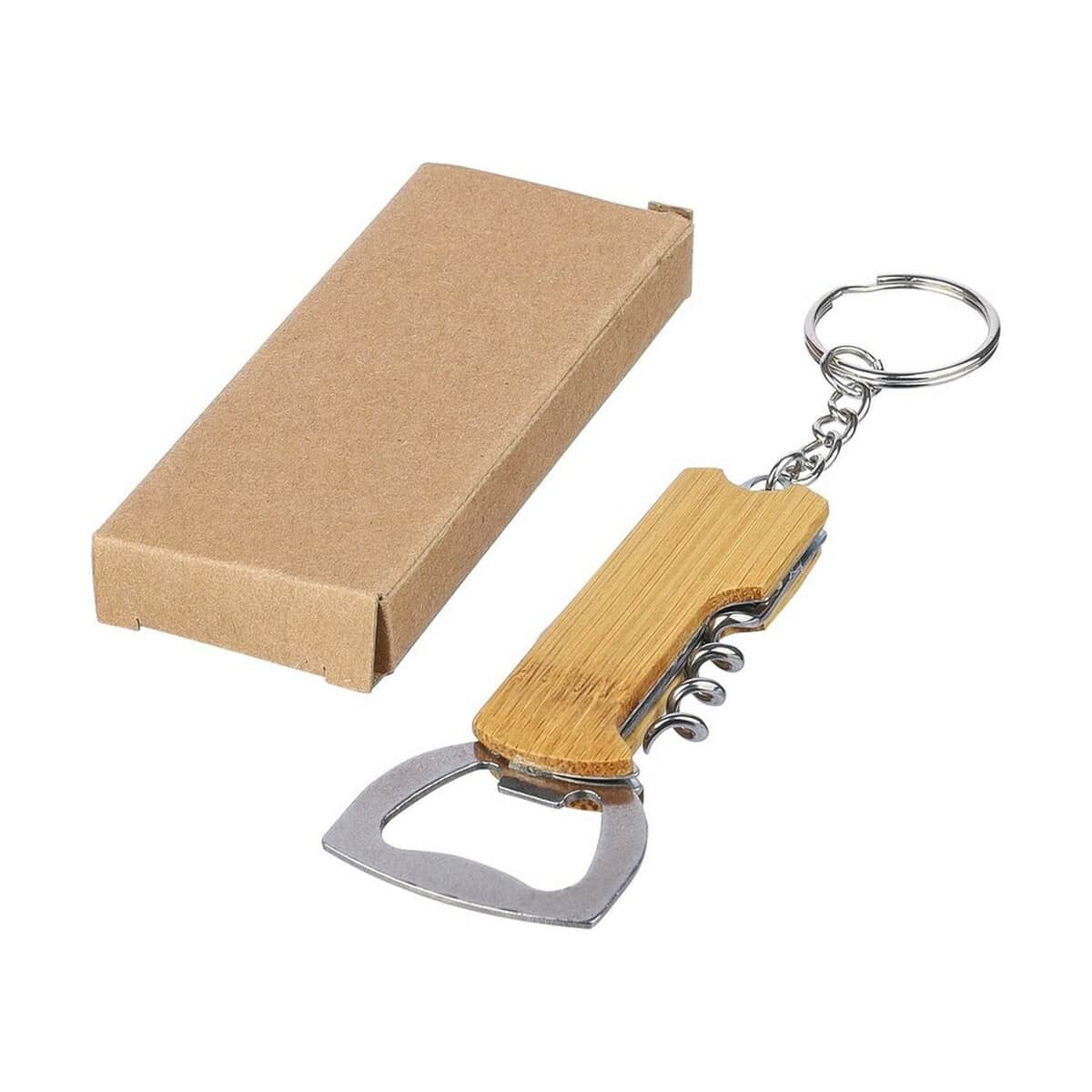 Breloki wielofunkcyjne z logo – bambusowy brelok do kluczy 3 w 1 VA418-16_AAA04 Drużynowy otwieracz do piwa z drewnianym uchwytem na breloczku w zestawie z kartonowym opakowaniem.