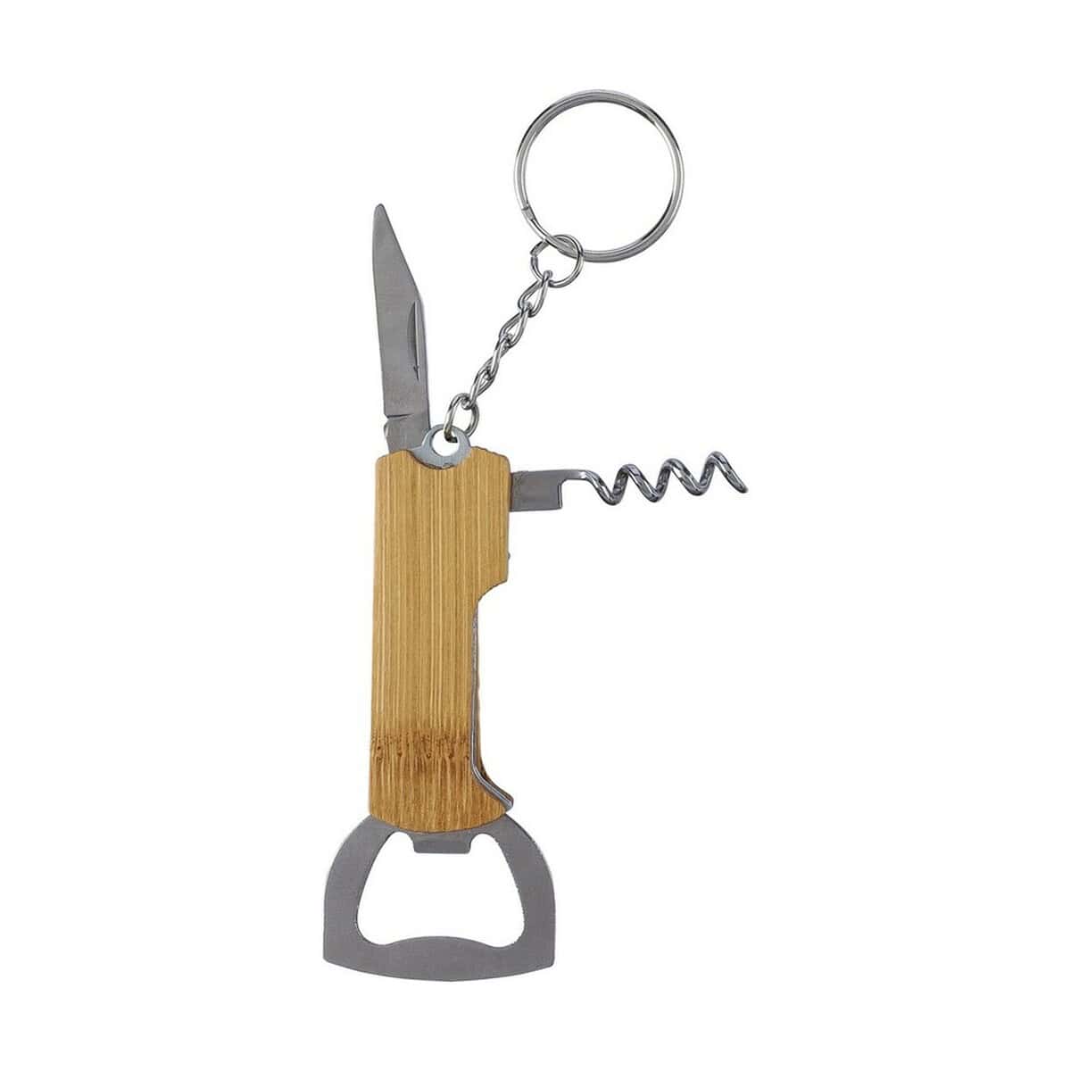 Breloki wielofunkcyjne z logo – bambusowy brelok do kluczy 3 w 1 VA418-16_AAB01 Klucz do butelki z multitool'em na breloku, wielofunkcyjny gadżet, prezent na okazję.