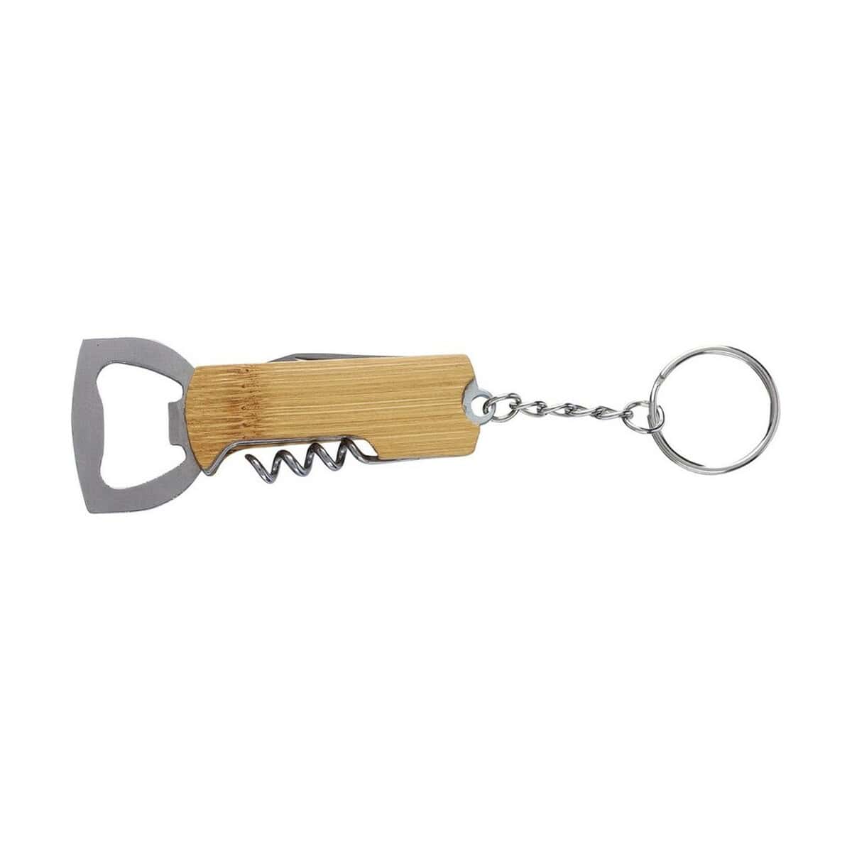Breloki wielofunkcyjne z logo – bambusowy brelok do kluczy 3 w 1 VA418-16_AAB03 Zestaw otwieracz do butelek i korkociąg z drewnianym uchwytem i kluczem, personalizowany gadżet reklamowy.