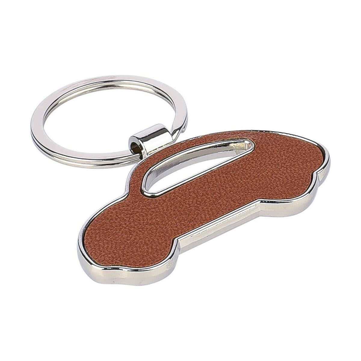 Metalowy brelok do kluczy w kształcie kuli z brązowym akcentem. Idealny na prezent lub gadżet promocyjny.