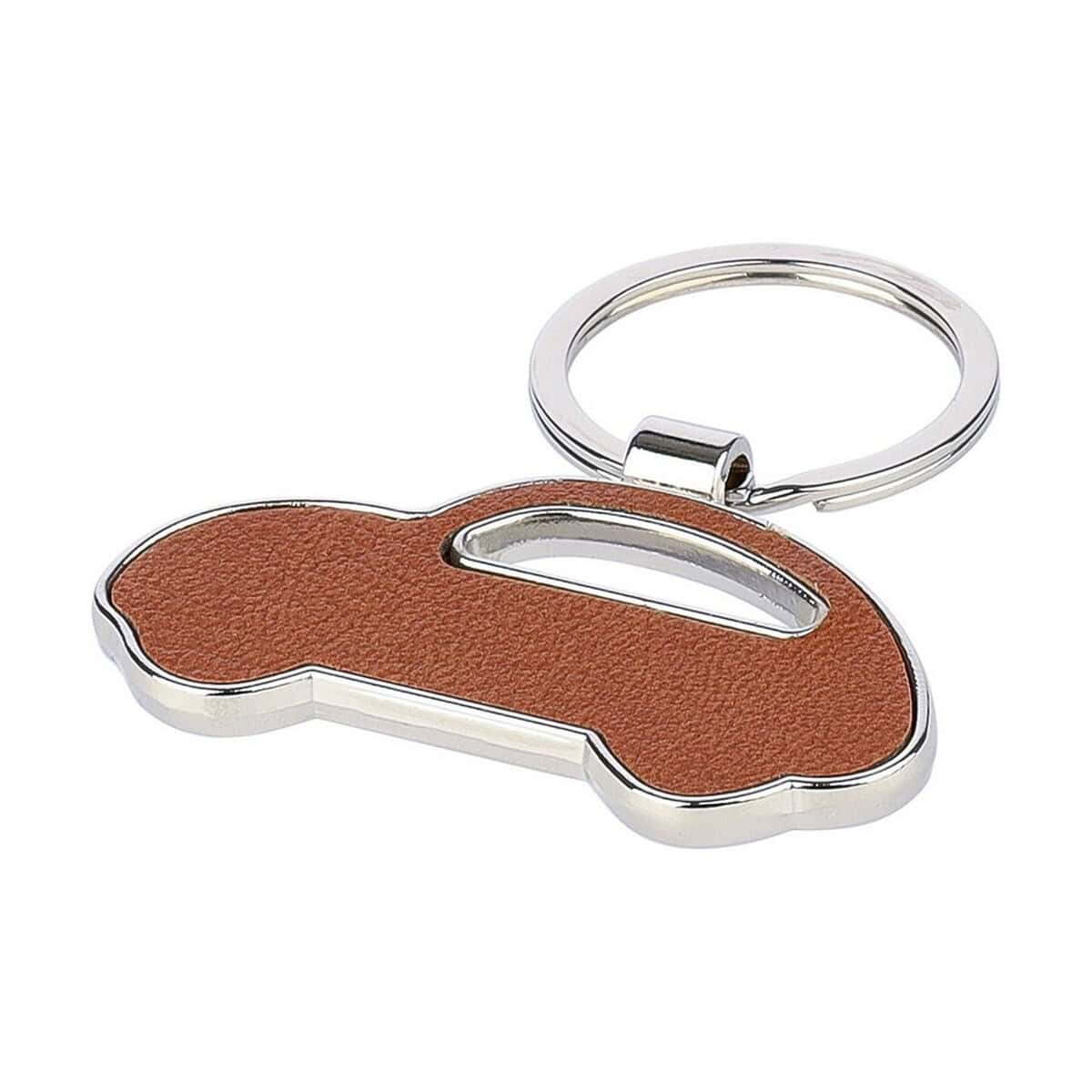 Breloki wielofunkcyjne z logo – brelok do kluczy „samochód” VA485-16_AAA02 Metalowy brelok z brązową skórzaną ozdobą, praktyczny i stylowy gadżet do kluczy.