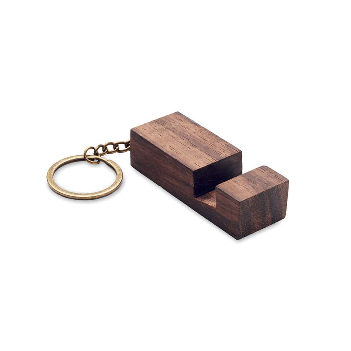 Drewniany brelok z metalowym elementem, personalizowany gadżet reklamowy.