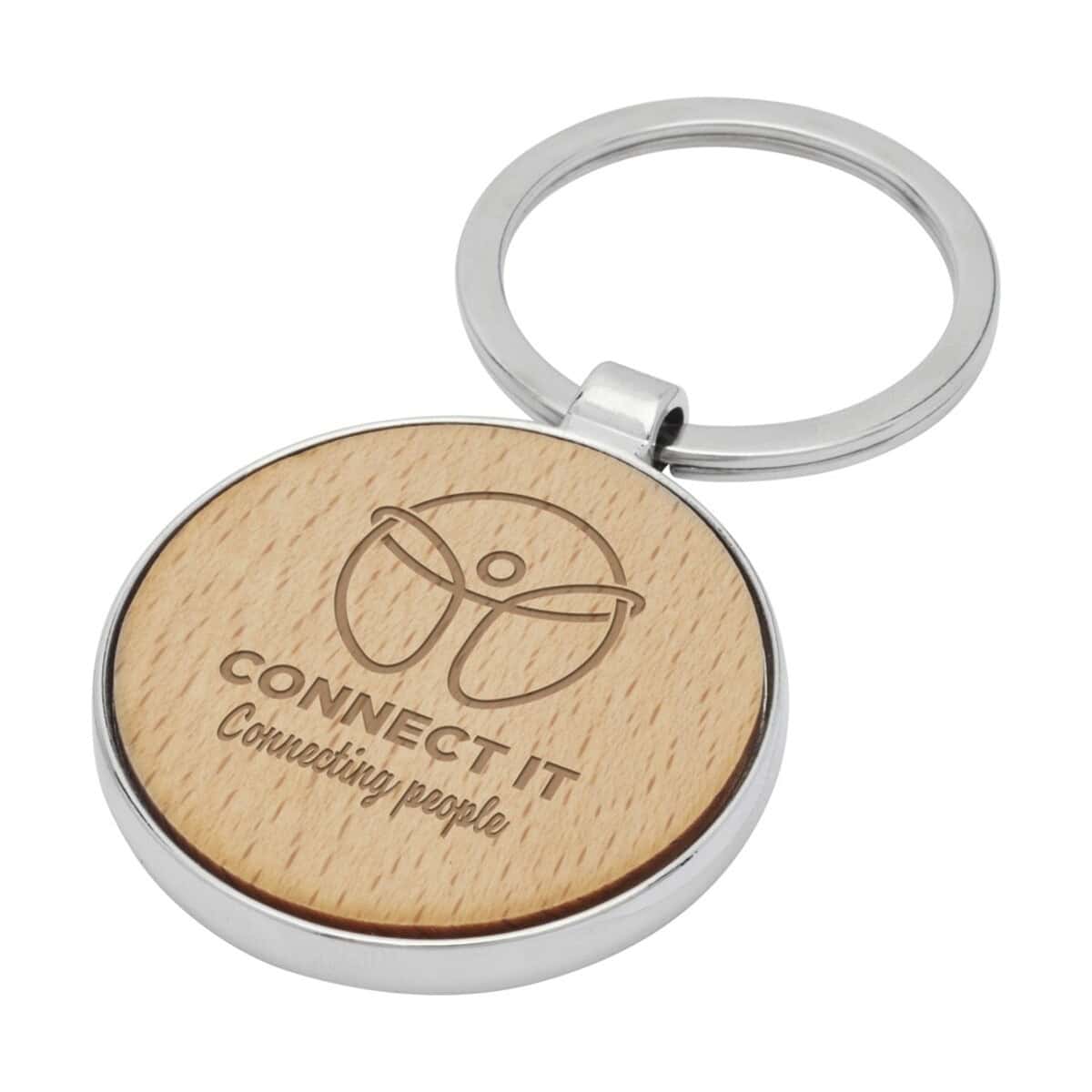 Breloki wielofunkcyjne z logo – okrągły brelok do kluczy moreno z drewna bukowego 11812371_eg_y1 Klucznik z drewnianą zawieszką, logo i hasłem Connect It. Idealny gadżet reklamowy i prezent promocyjny.