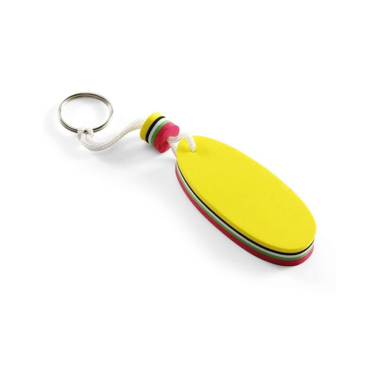Breloki wielofunkcyjne z logo – pływający brelok do kluczy V2131-00_AAA01 1. Klucz do bagażu z piankowym breloczkiem w kolorach żółtym, czerwonym i czarnym.