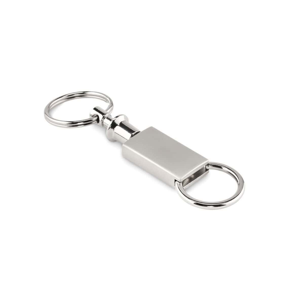 Metalikowy brelok do kluczy z gładką powierzchnią.