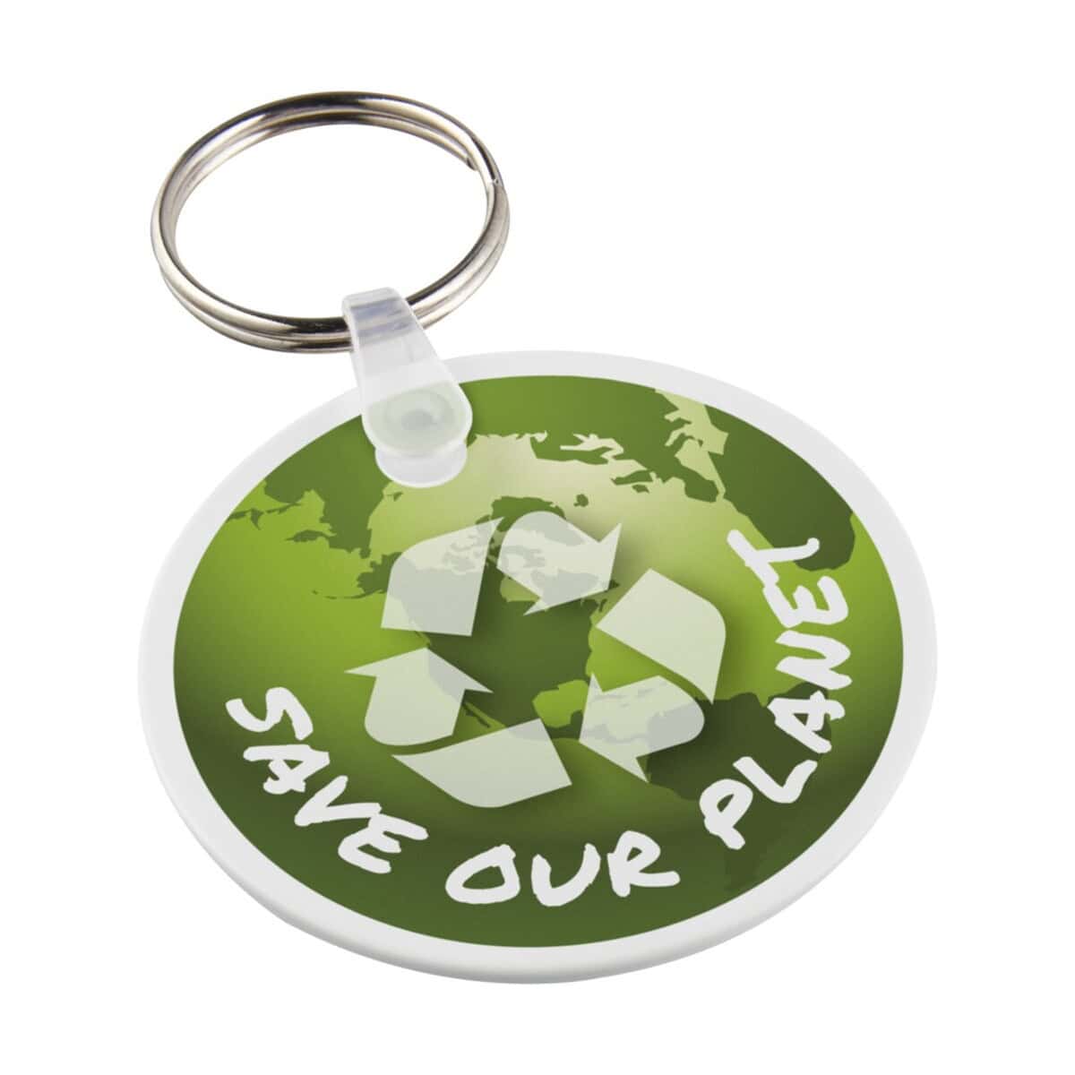 Breloki wielofunkcyjne z logo – tait łańcuch do kluczy z recyklingu w kształcie koła 21047501 Zielony breloczek z recyklingową mapą świata i napisem save our planet.