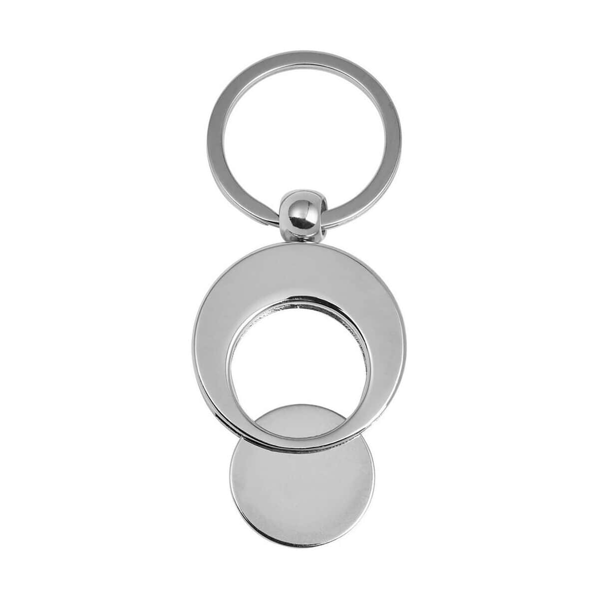 Breloki z żetonem z logo – brelok do kluczy, żeton do wózka na zakupy V0634-32_AAA02 1. Metalowy brelok do kluczy z okrągłymi elementami, srebrny kolor.