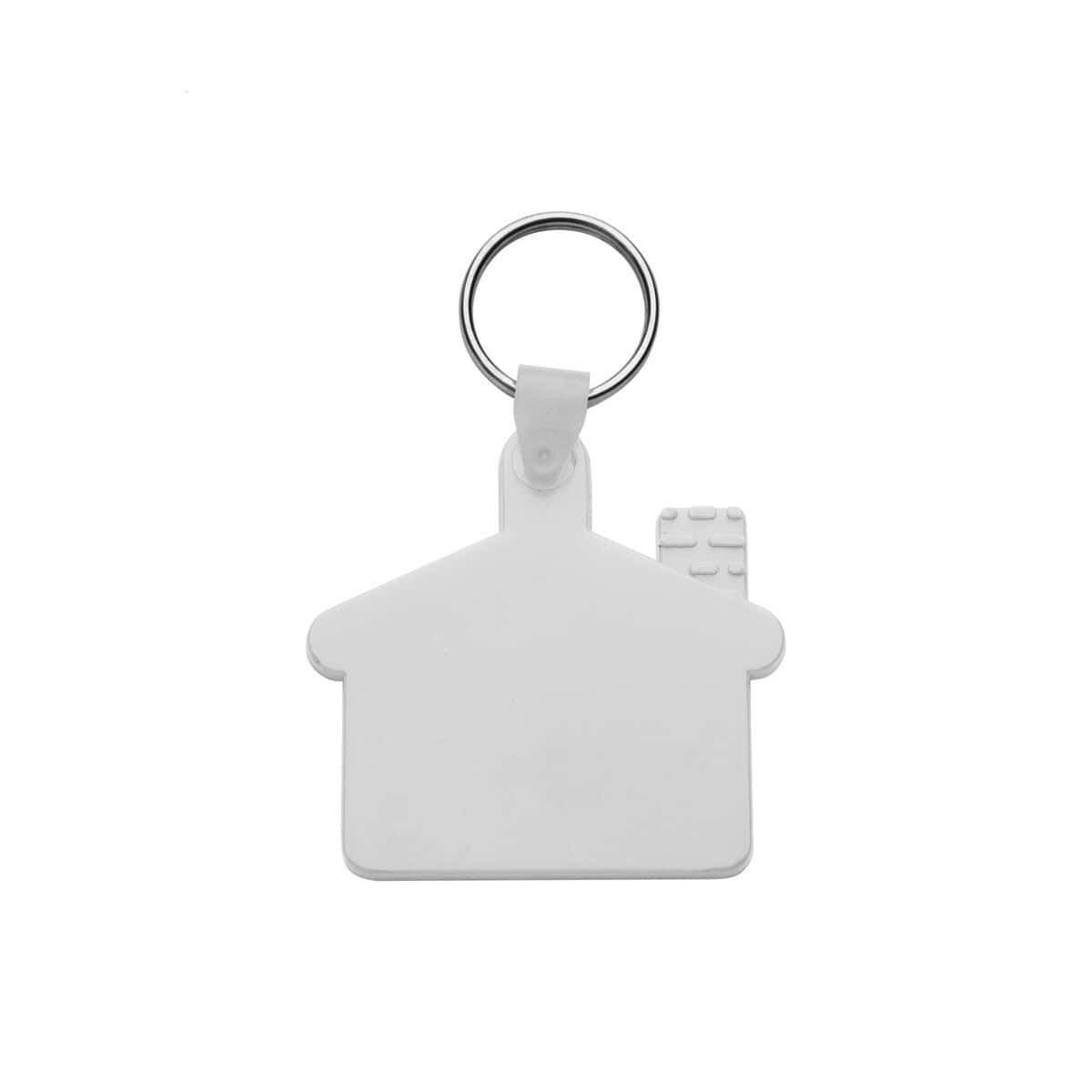 Metalikowy brelok do kluczy w kształcie domu z białym wykończeniem.