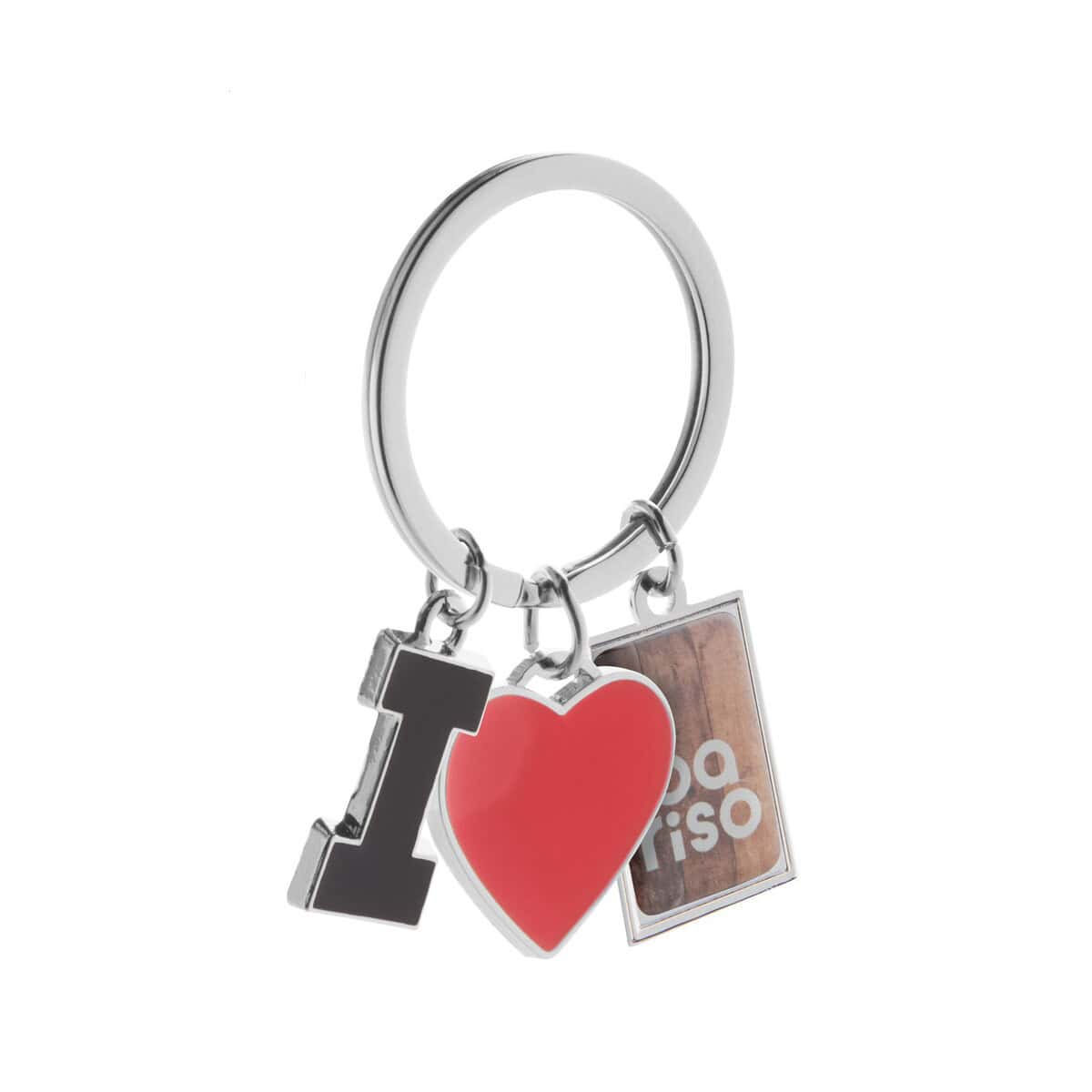 Breloki z żetonem z logo – i love brelok AP873030__RD1 1. Brelok z metalowymi zawieszkami z napisem I love Triso.