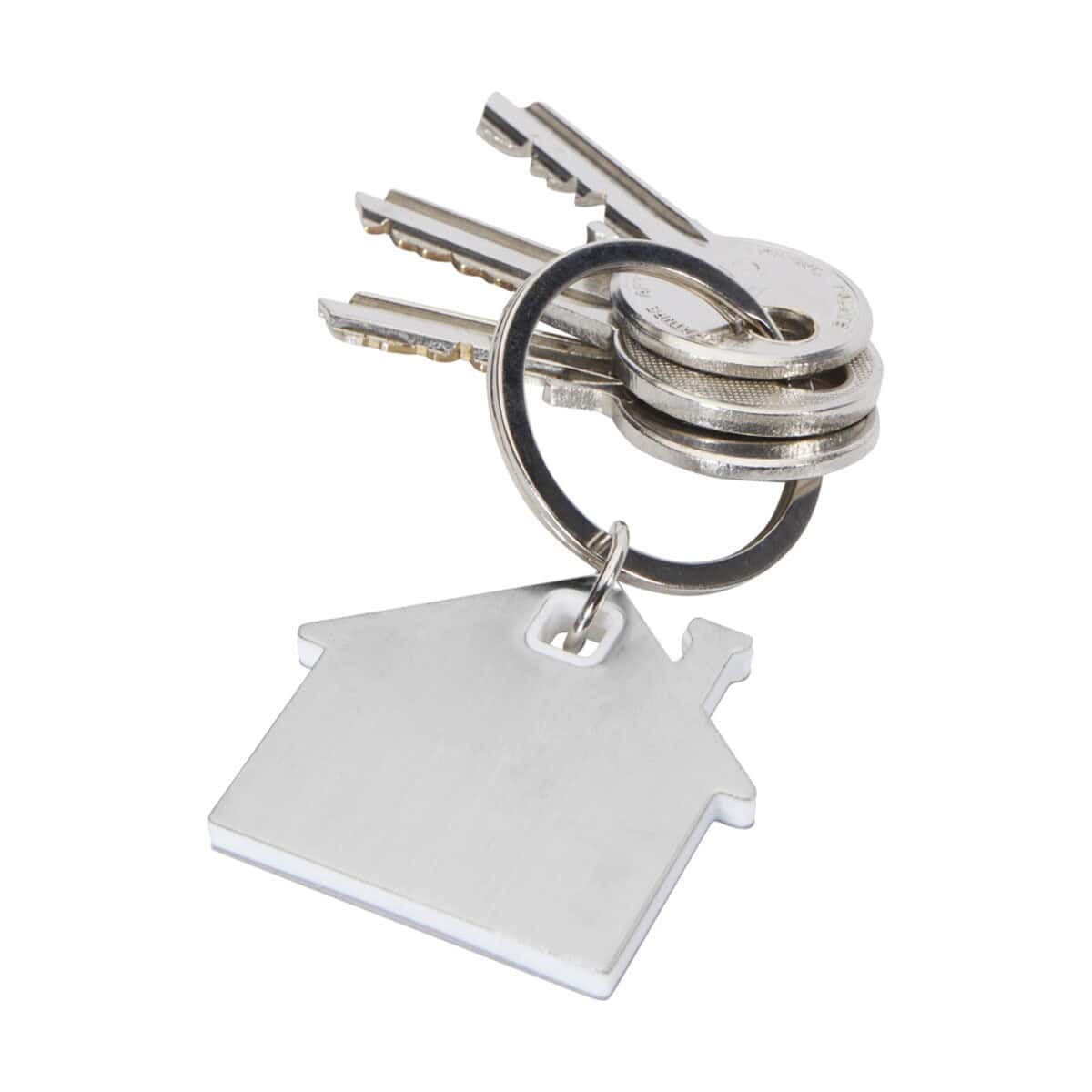 Breloki z żetonem z logo – łańcuszek na klucze nook, z brelokiem w kształcie domu 10459501_e1 Klucze na breloku z metalową ozdobą w kształcie domku, idealne gadżety reklamowe.