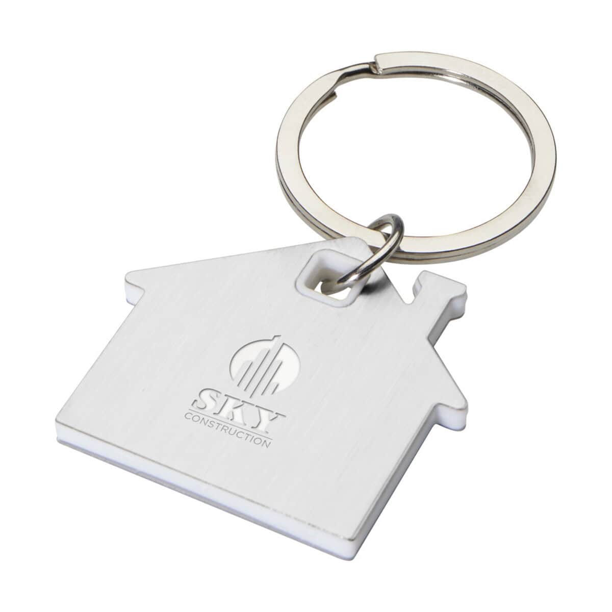 Breloki z żetonem z logo – łańcuszek na klucze nook, z brelokiem w kształcie domu 10459501_eg_y1 Metalowy brelok do kluczy z logo firmy SKY Construction. Idealny gadżet reklamowy i prezent promocyjny.
