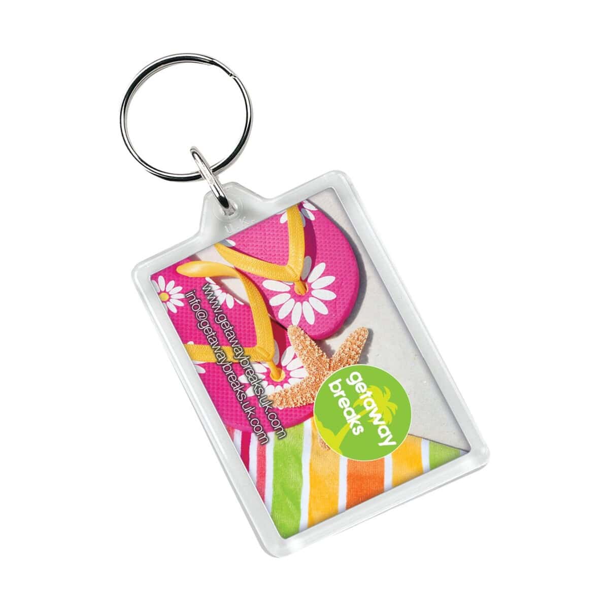 Kolorowa metka z gadżetami plażowymi i logo Gadzety, idealna do promocji na wakacjach.