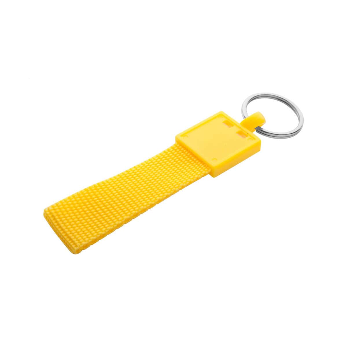 Breloki z żetonem z logo – quick brelok AP809375-02 żółty brelok do kluczy z taśmą reklamową, gadżet promocyjny, oryginalny upominek firmowy.