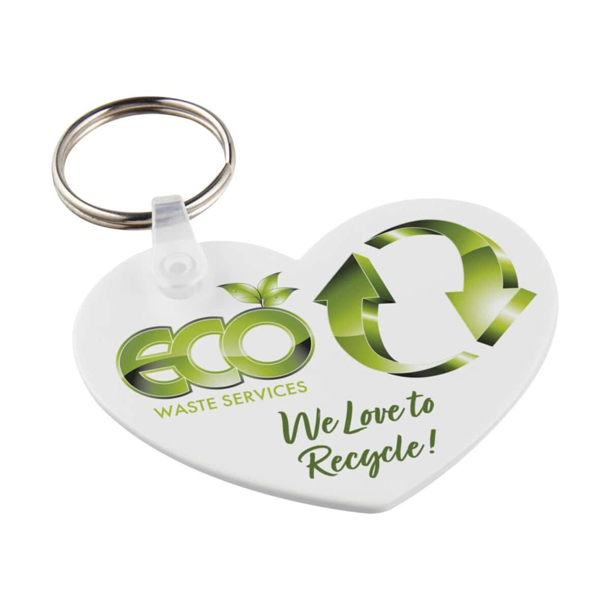 Eco wizytówka z motywem recyklingu i napisem We Love to Recycle! dla ekologicznych gadżetów i upominków.