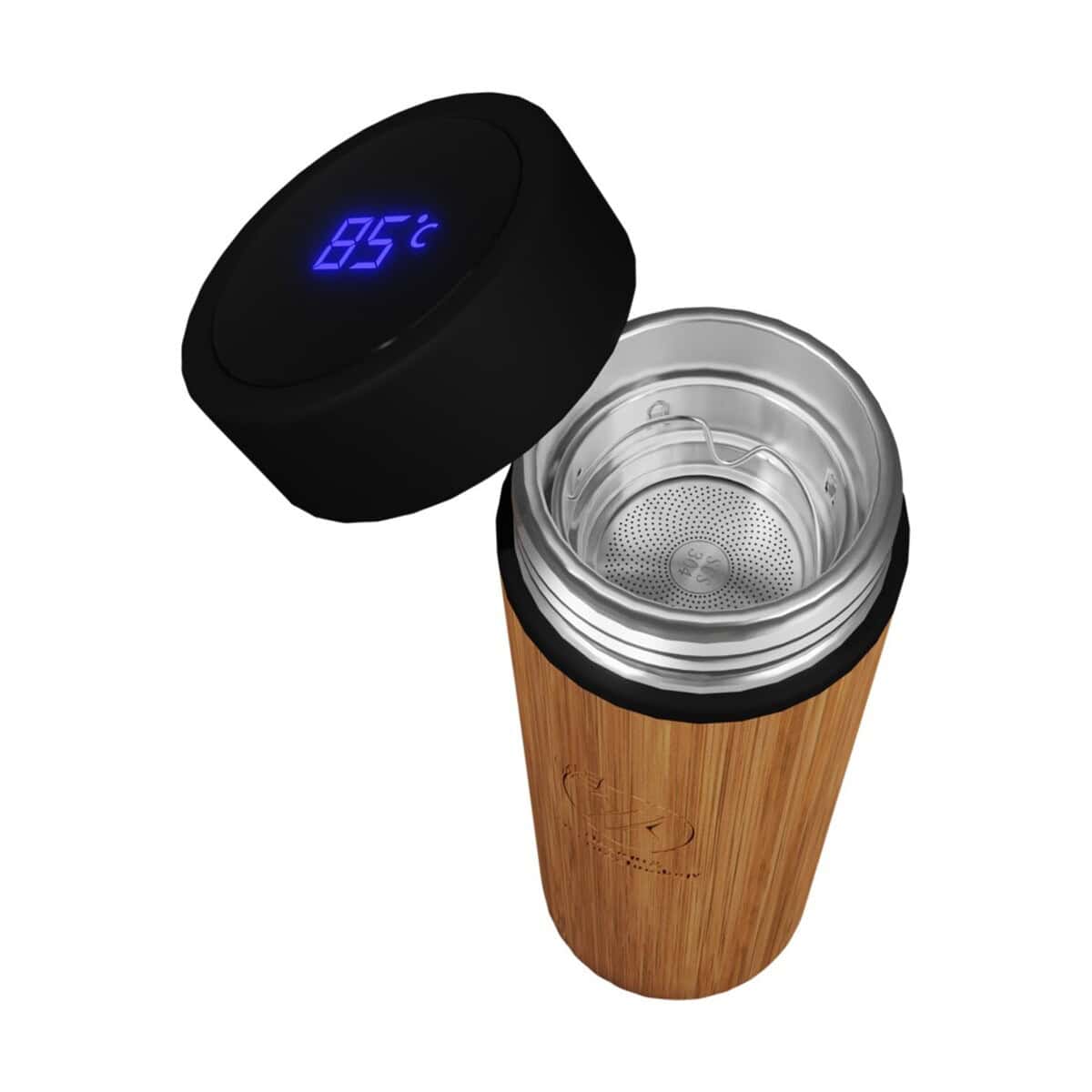 Butelki z logo – bambusowa butelka smart o pojemności 500 ml scx.design d11 2px05671_e2 Termometr cyfrowy do kubka termicznego z drewnianym wzorem, utrzymujący temperaturę napoju.