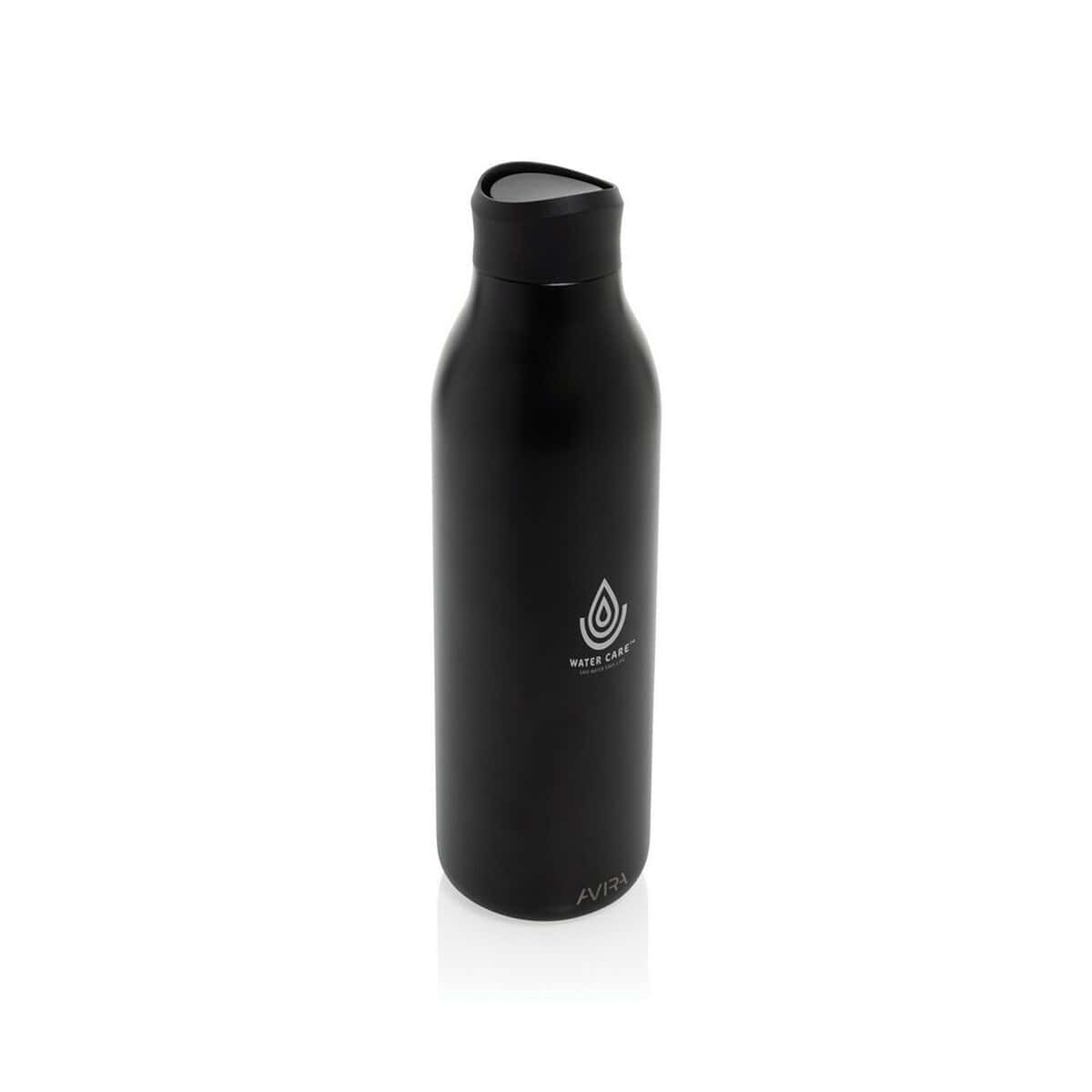 Butelki z logo – butelka termiczna 600 ml avira alok P438.0901__D_100 1. Butelka termiczna czarna z logo wodnego marki, idealna na podróże i do pracy.