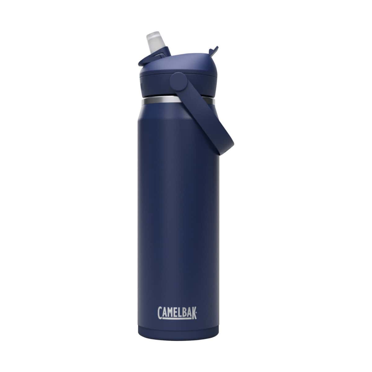 Butelki z logo – camelbak® thrive flip vss butelka na wodę ze stali nierdzewnej o pojemności 750 ml ze składaną słomką 10088855 Butelka termiczna z zamknięciem i wężem do napojów, niebieska, logo Camelbak.