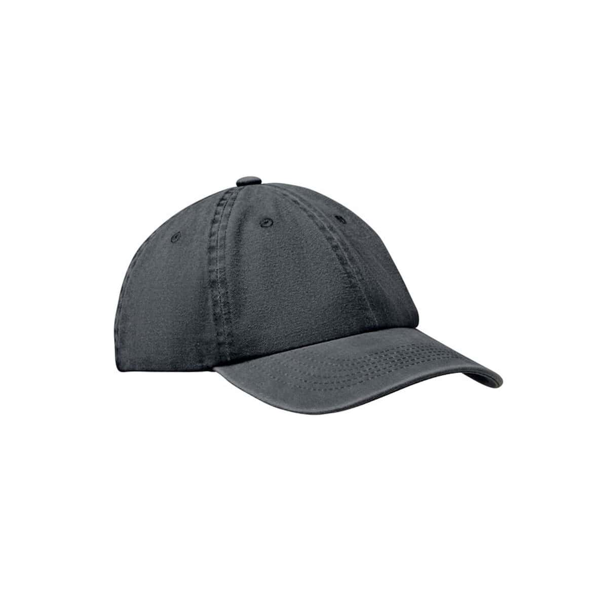 Czarna czapka z daszkiem z nadrukiem, gadżety reklamowe, odzież promocyjna dla firm.