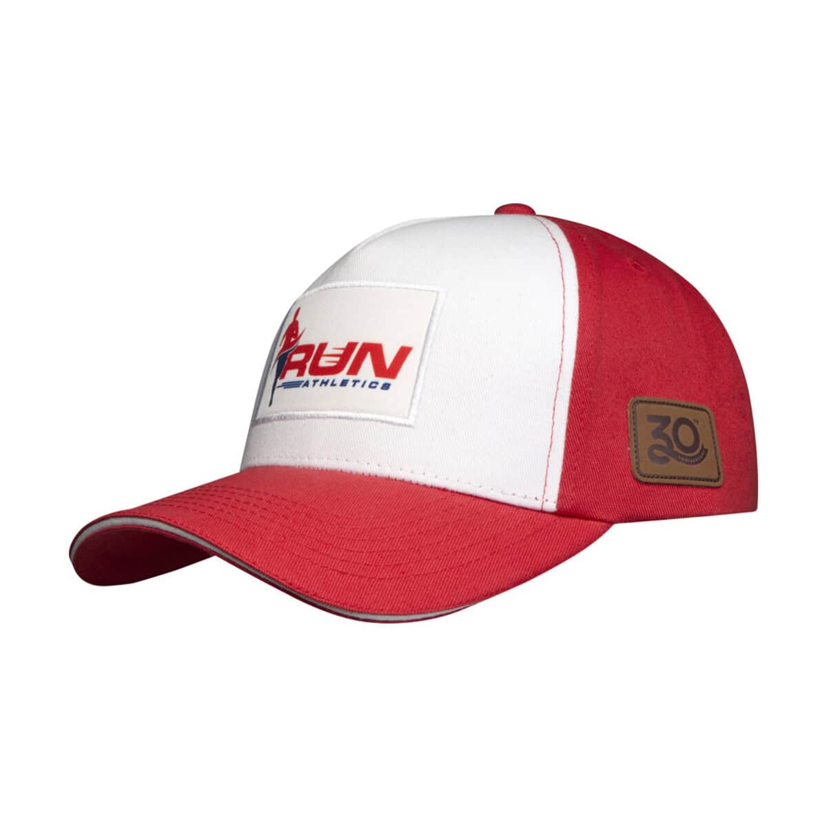 Czapki z logo – pudełko z wzorami czapek z recyklingu 1pw01301_d1 Czapka baseballowa z logo RUN Athletics, czerwono-biała, modny sportowy gadżet.