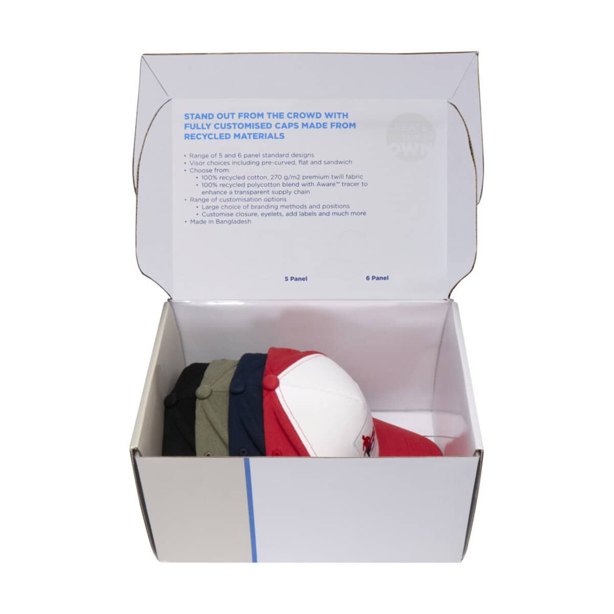 Czapki z logo – pudełko z wzorami czapek z recyklingu 1pw01301_e3 Gadżety reklamowe w opakowaniu z czapkami i informacją o produktach.