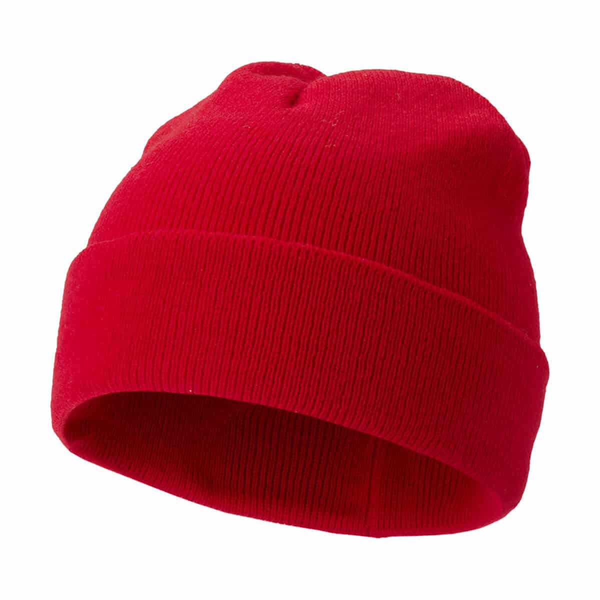Czerwona czapka beanie z nadrukiem, idealna na zimę i okazje promocyjne.