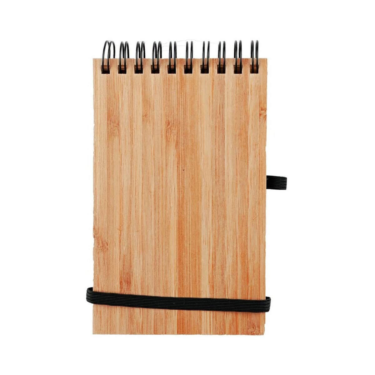 Długopisy bambusowe z logo – bambusowy notatnik a6 z długopisem V2966-16_AAB02 Naturalny notes z drewna z spirálą i gumką, idealny na gadżety firmowe i prezenty.